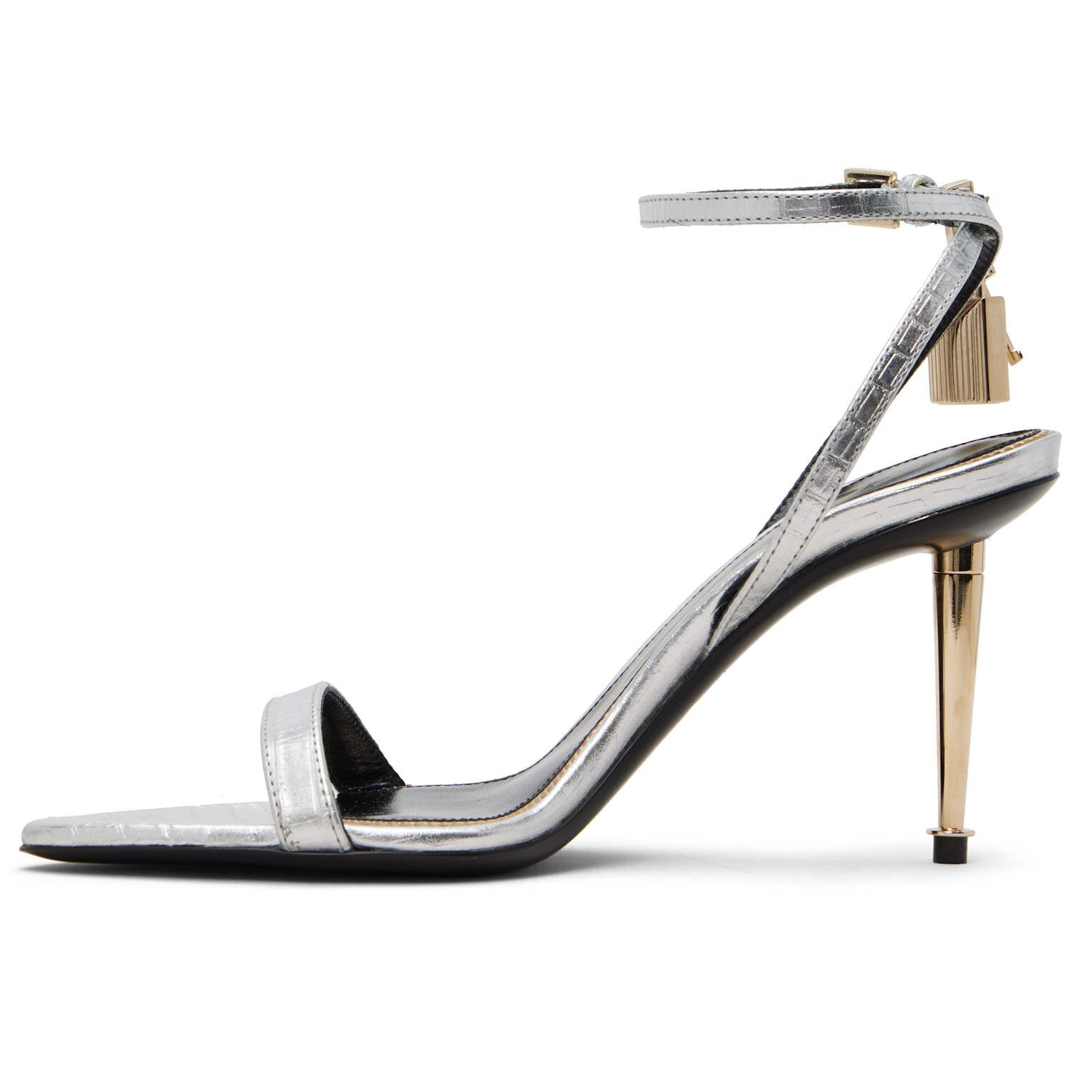  Tom Ford Silver Nappa Padlock Pointy Naked Heeled Sandals 