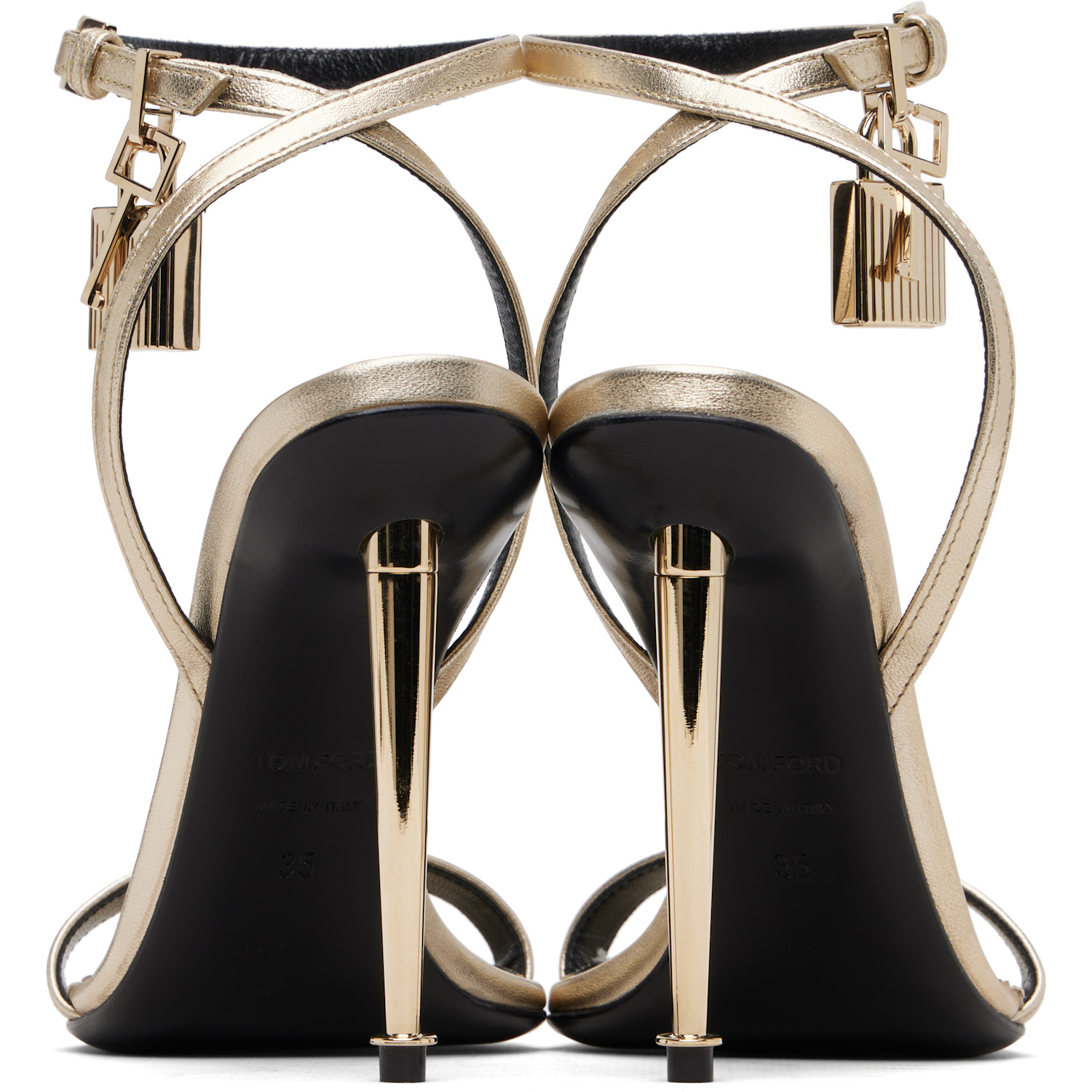  Tom Ford Gold Laminated Padlock Pointy Naked Heeled Sandals 