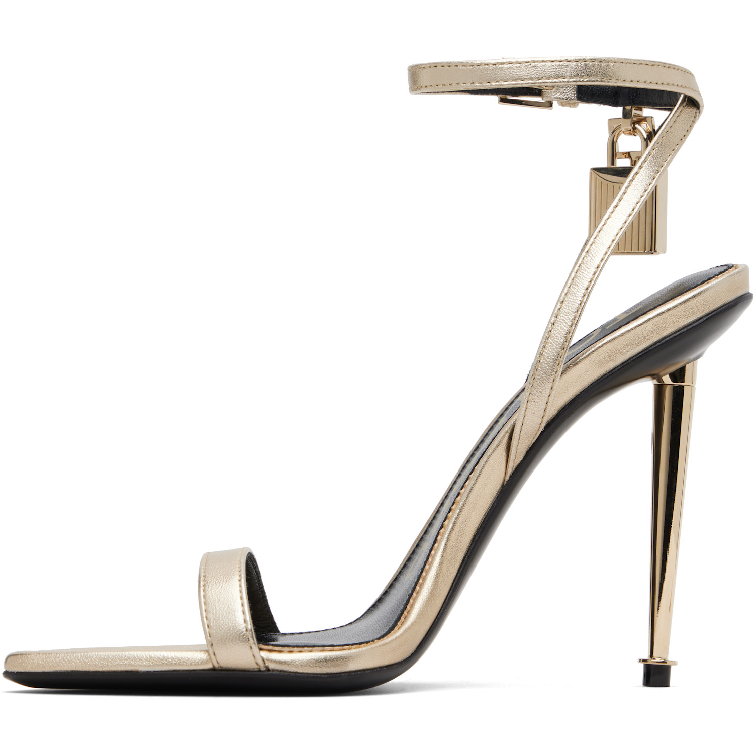  Tom Ford Gold Laminated Padlock Pointy Naked Heeled Sandals 