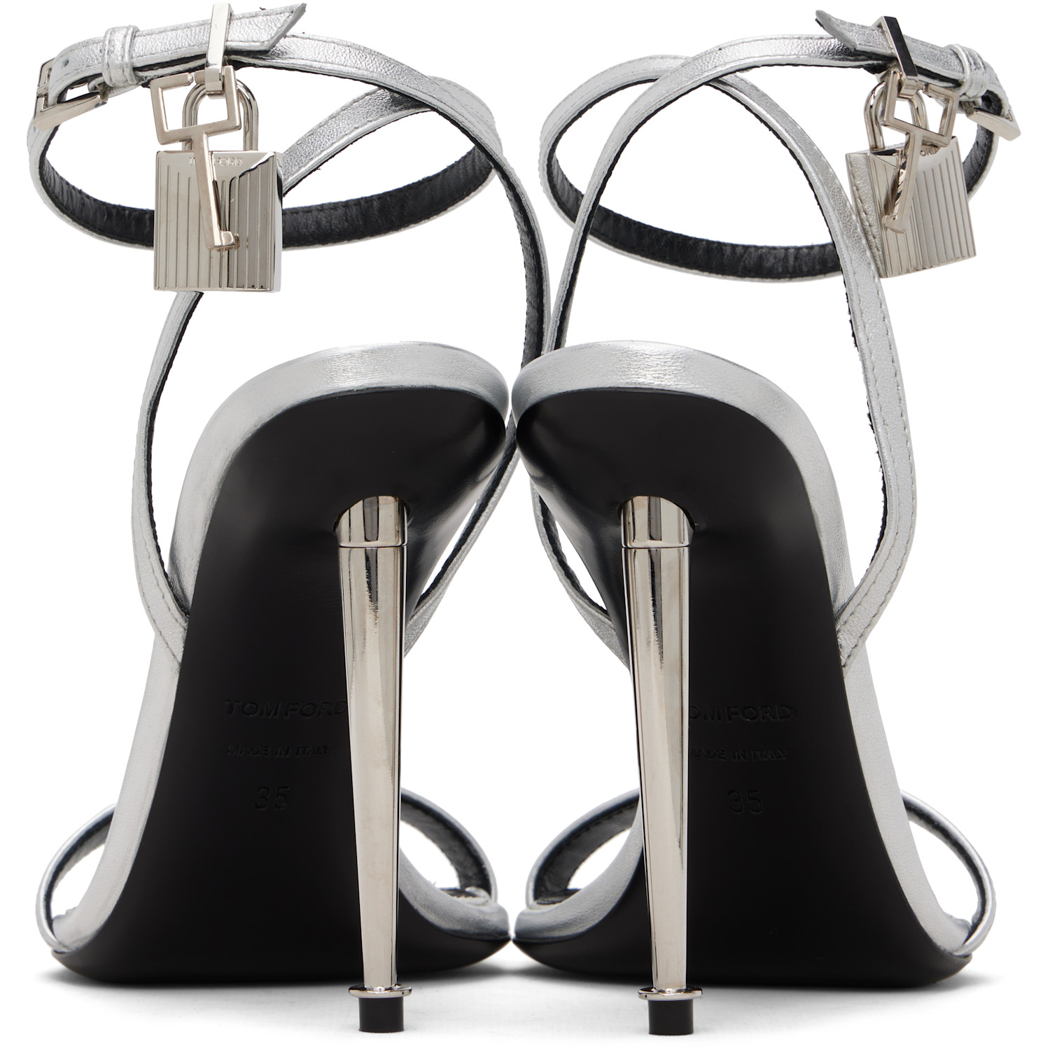  Tom Ford Silver Nappa Padlock Pointy Naked Heeled Sandals 