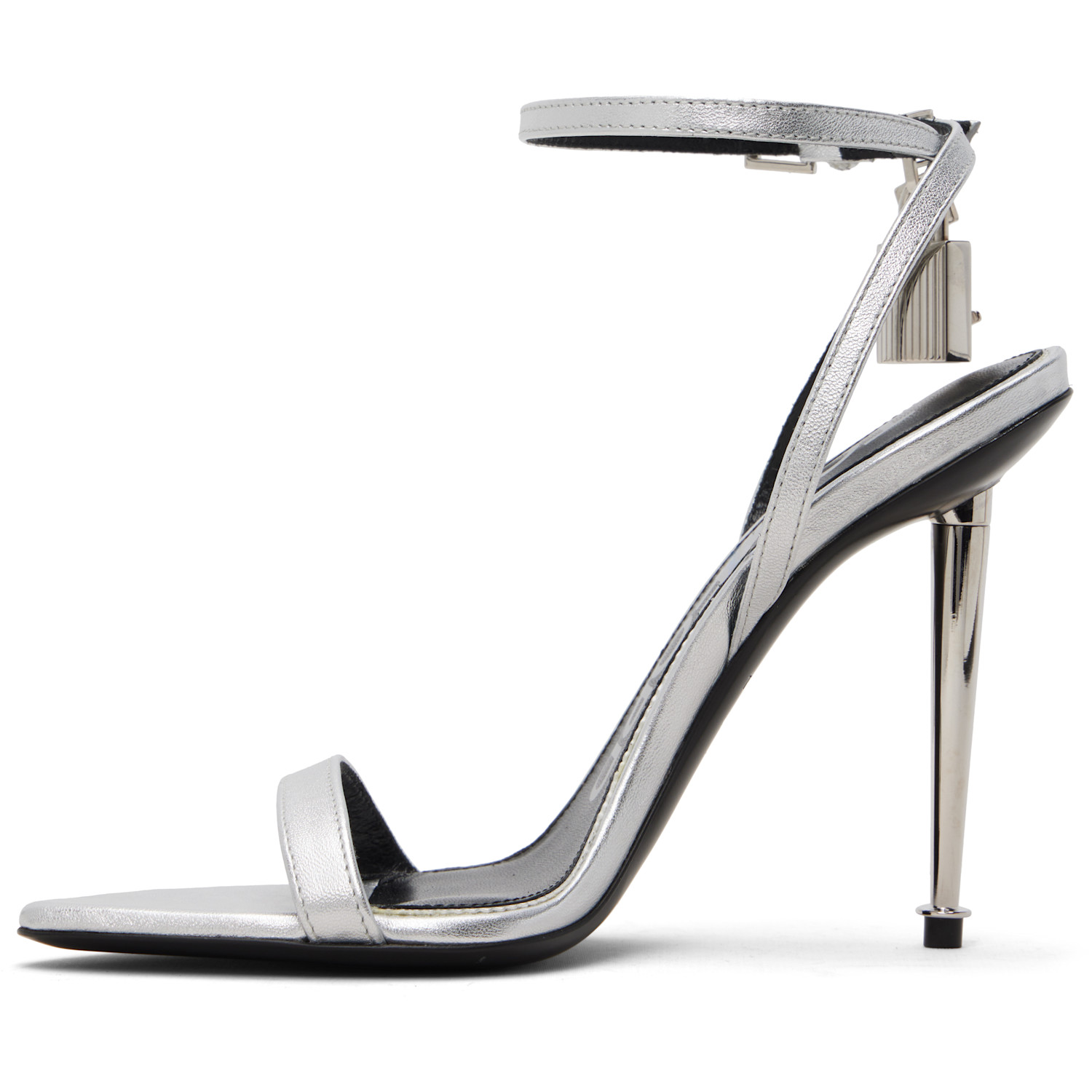  Tom Ford Silver Nappa Padlock Pointy Naked Heeled Sandals 