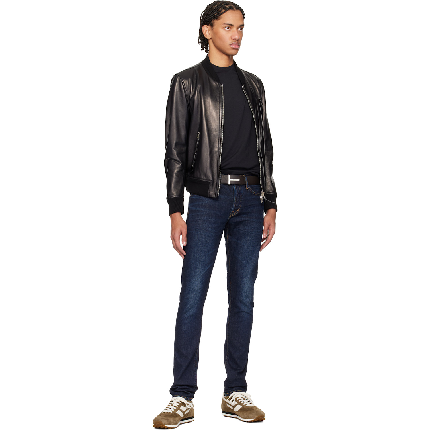  Tom Ford Brown & Black Grain Leather T Icon Reversible Belt 