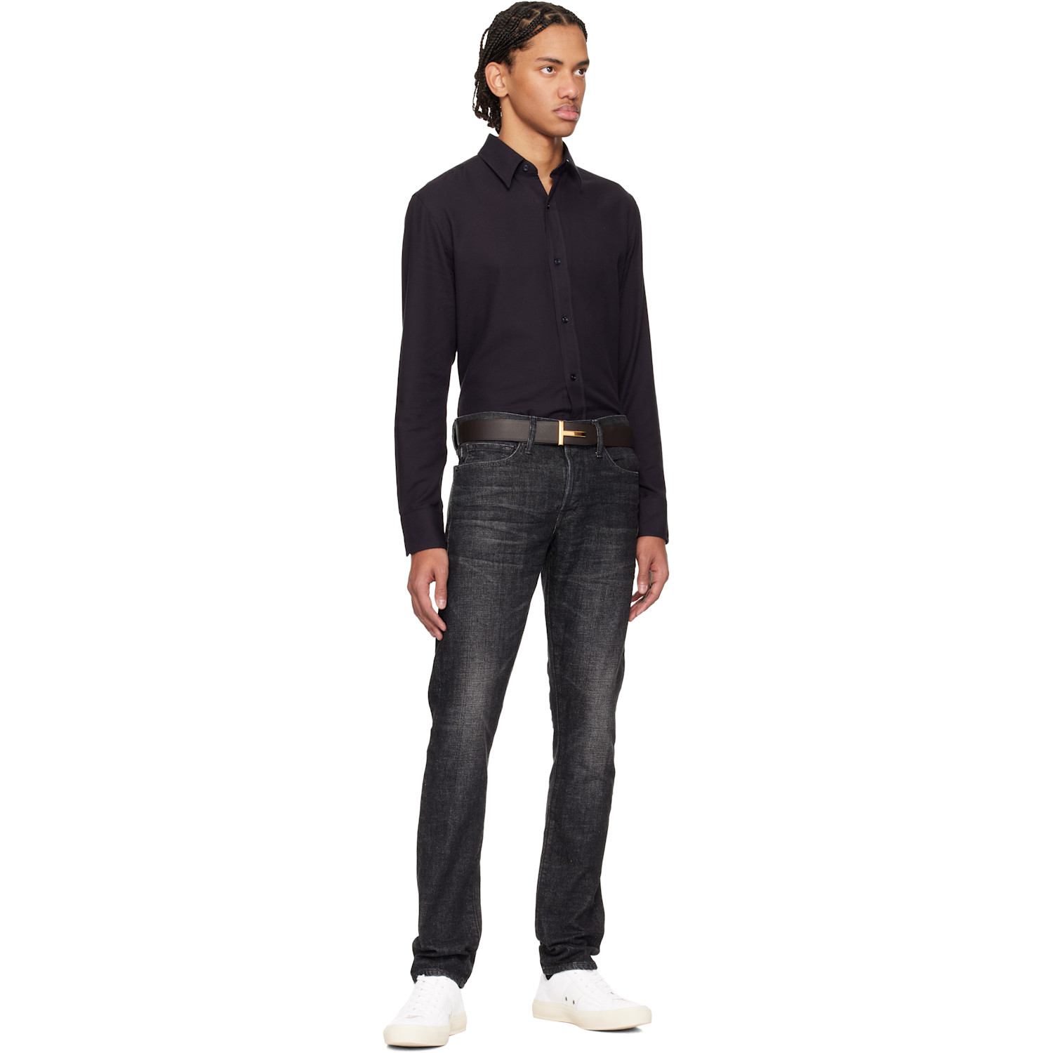  Tom Ford Brown & Black Grain Leather T Icon Reversible Belt 
