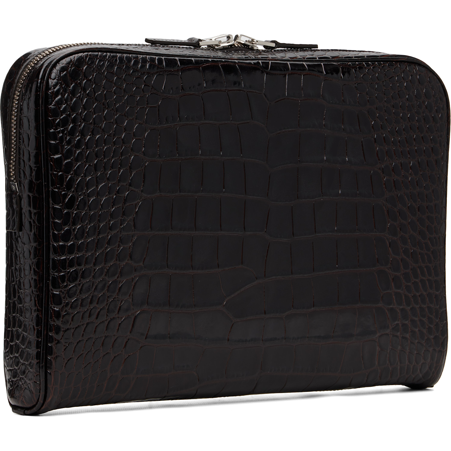  Tom Ford Brown Shiny Printed Croc Minimal Laptop Pouch 