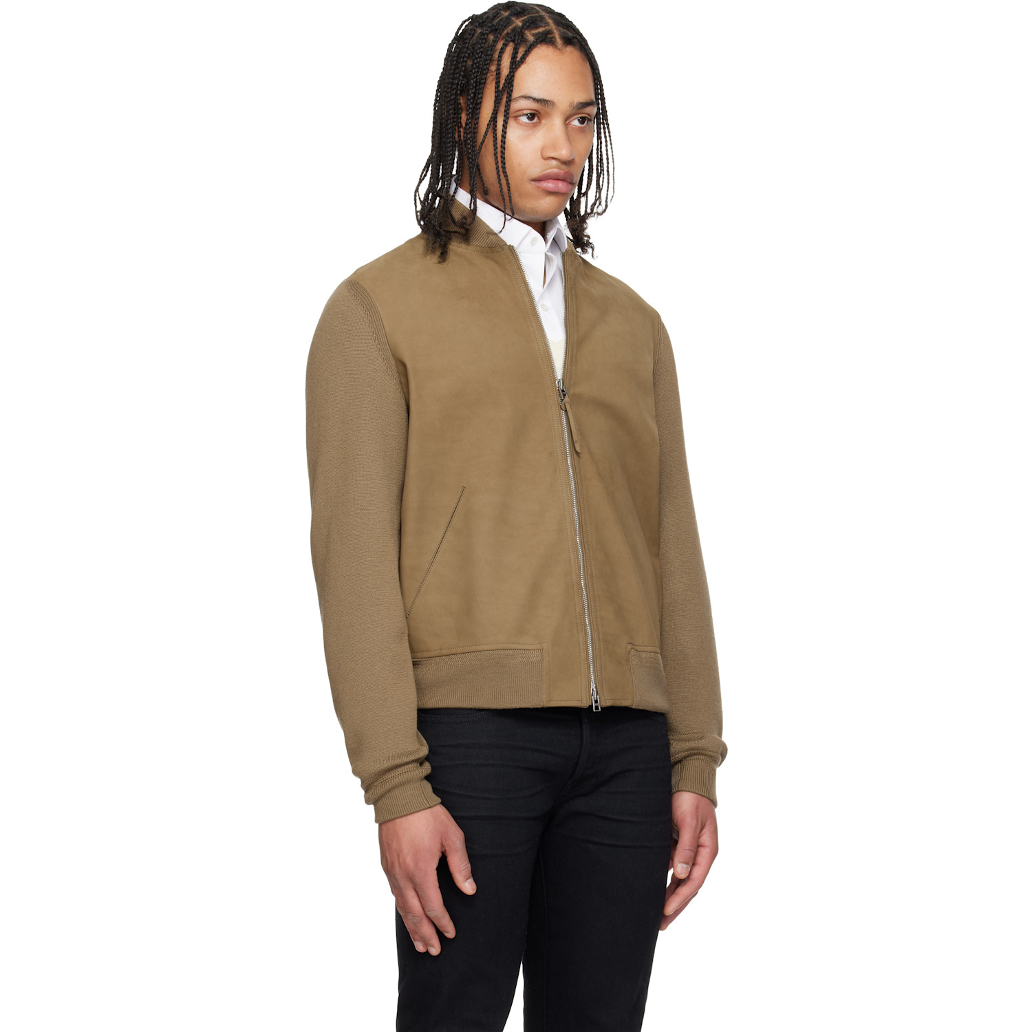  Tom Ford Khaki Nubuck Front Merino Bomber Jacket 