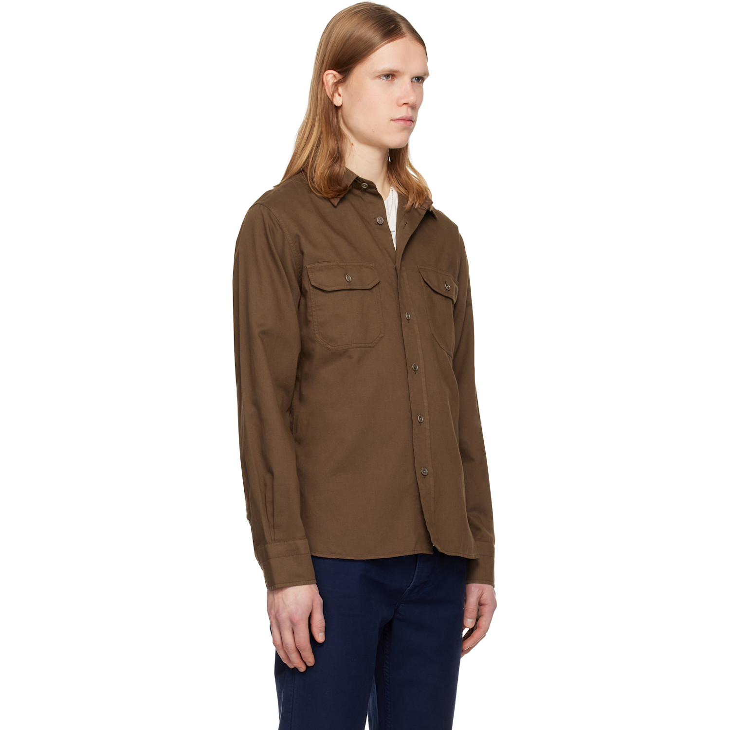  Tom Ford Brown Cotton Linen Drill Military Shirt 