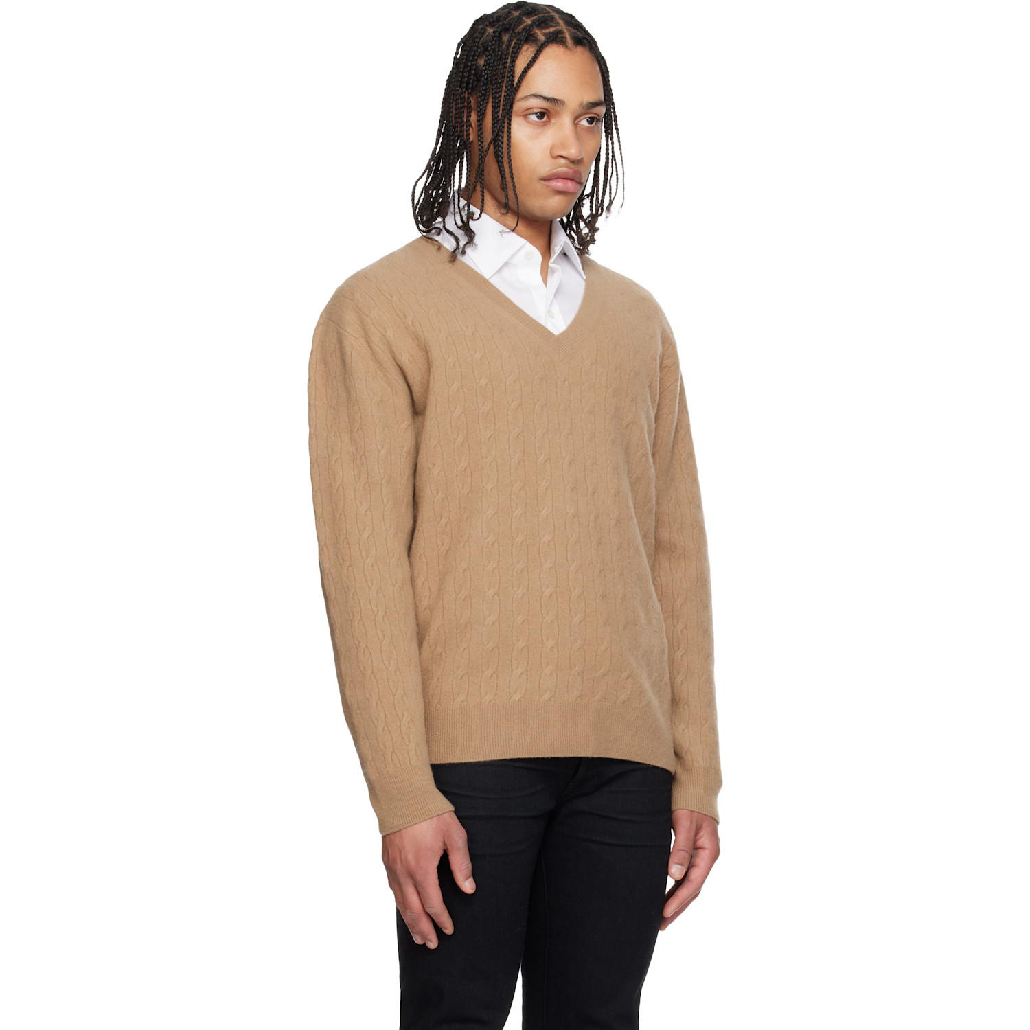  Tom Ford Tan Cable Lambswool Ls V-neck Sweater 