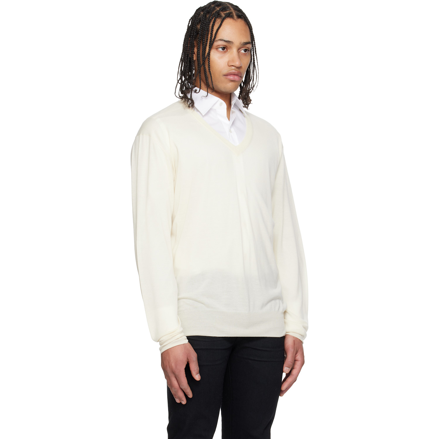  Tom Ford Off-white Fine Gauge Cashmere Ls V-neck Sweater 