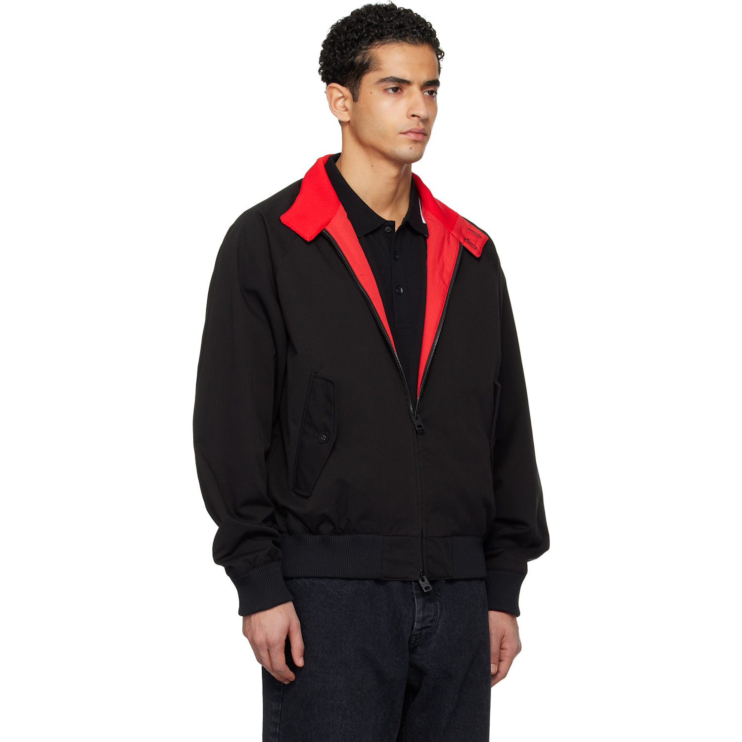  Hugo Black Twill Buttoned Stand Collar Bomber Jacket 