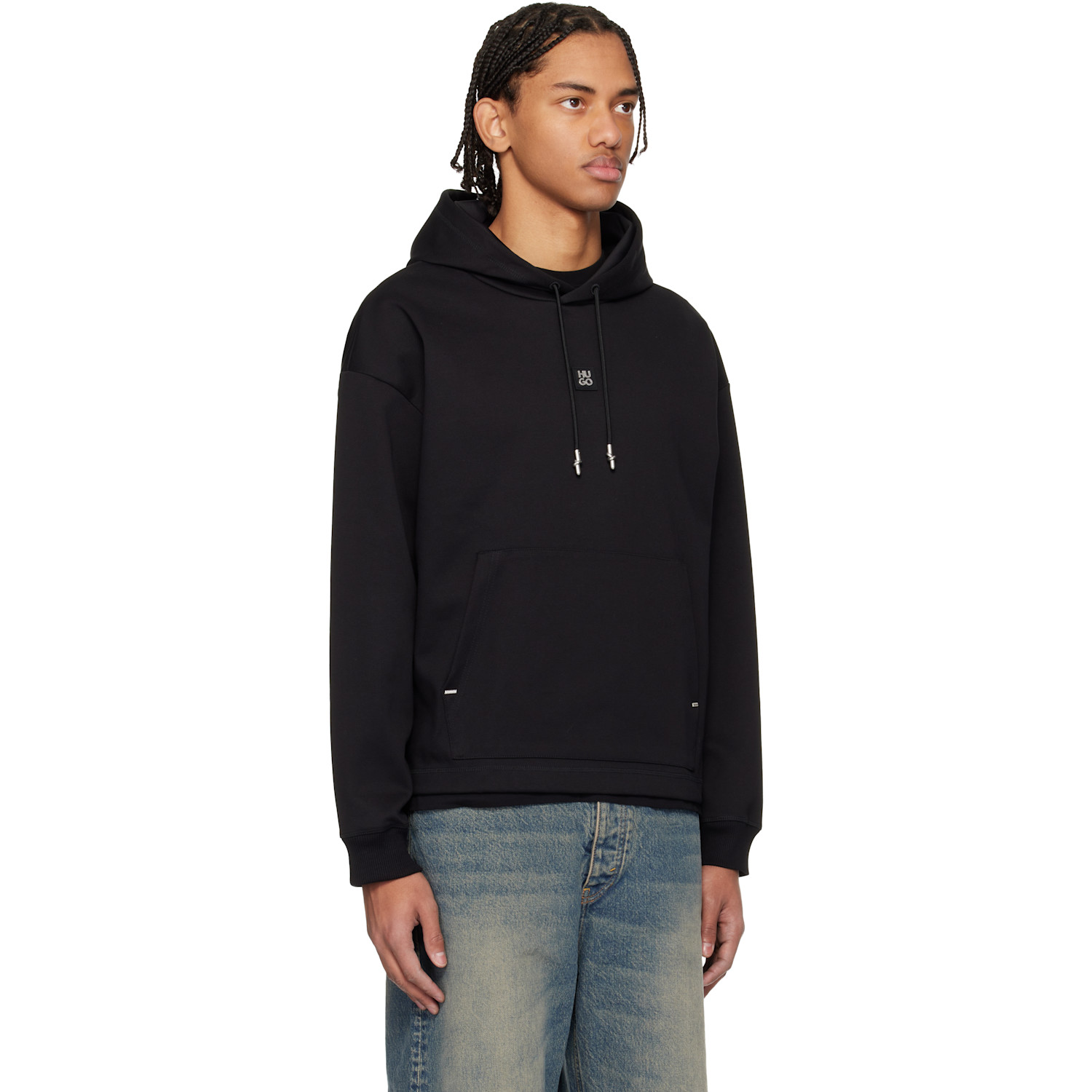 Hugo Black Relaxed Fit Stacked-logo Hoodie 