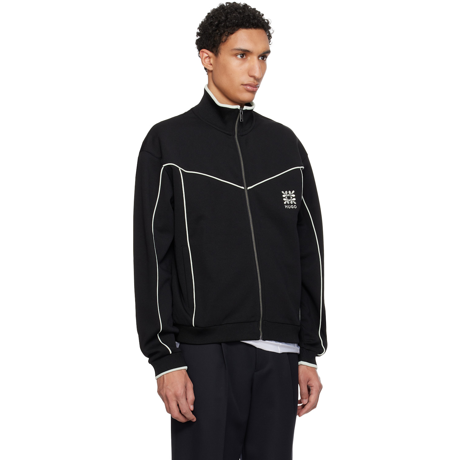  Hugo Black Cotton-blend Embroidered Logo Artwork Track Jacket 