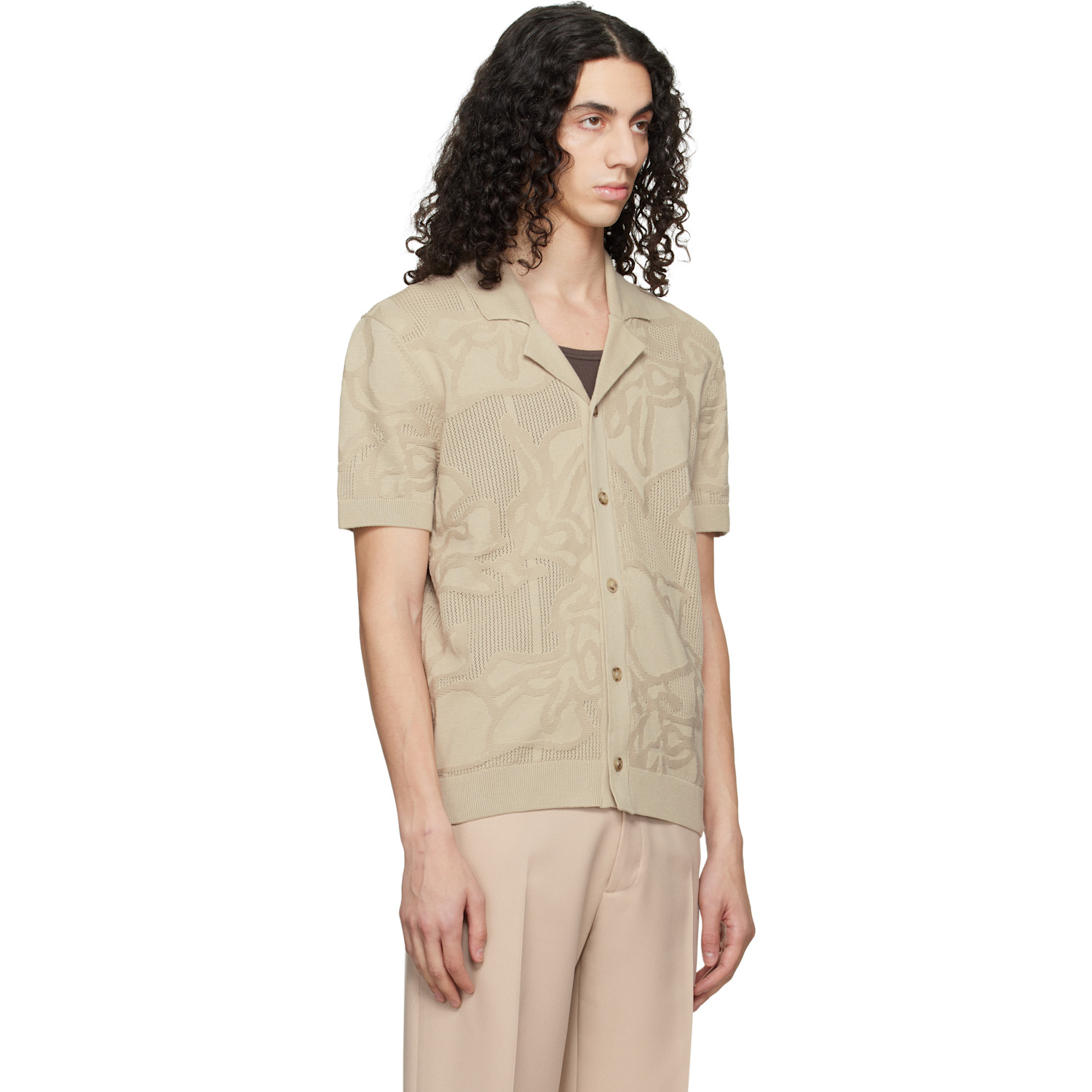  Boss Beige Knit Cotton Jacquard Shirt 