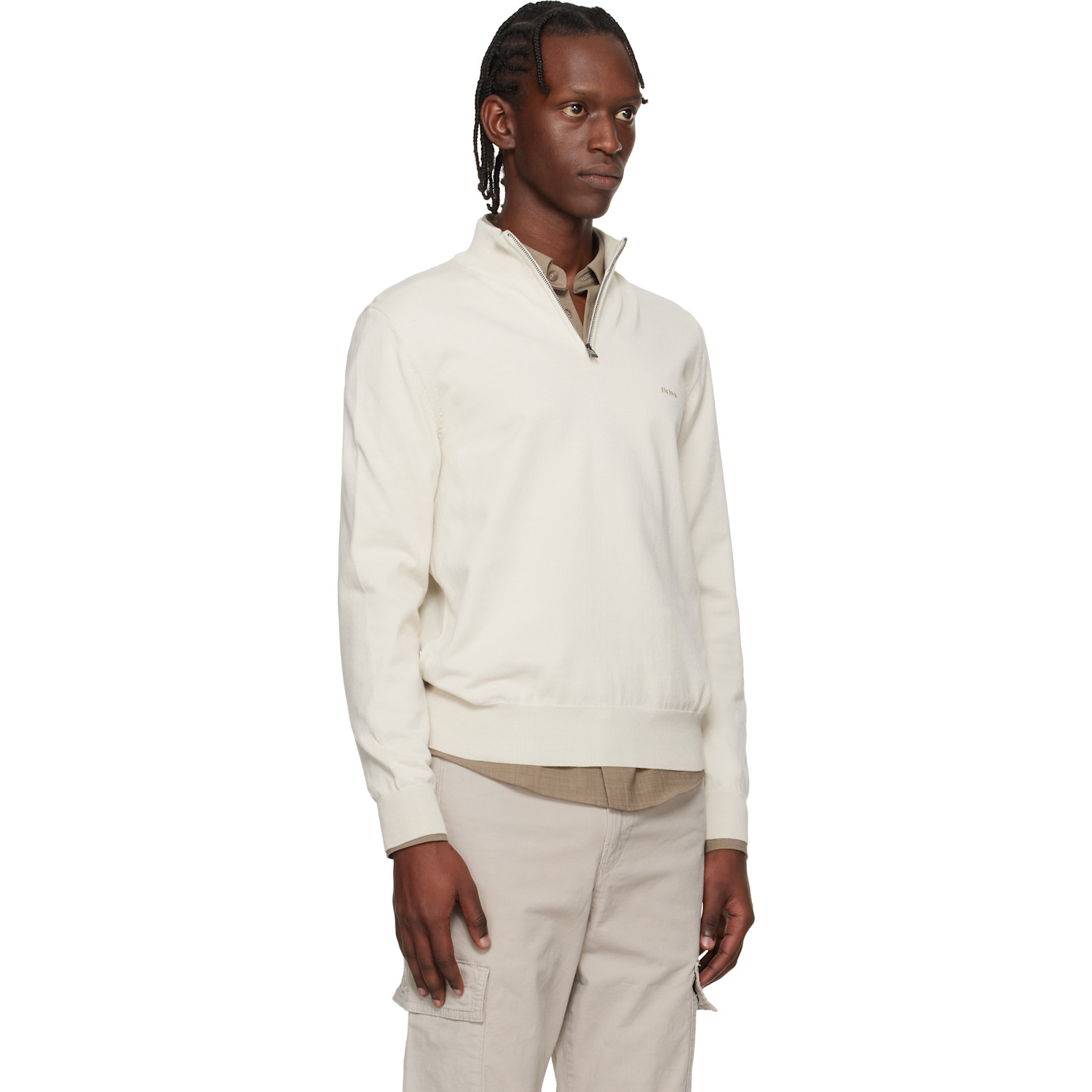  Boss Off-white Zip-neck Cotton Knitted Sweater 
