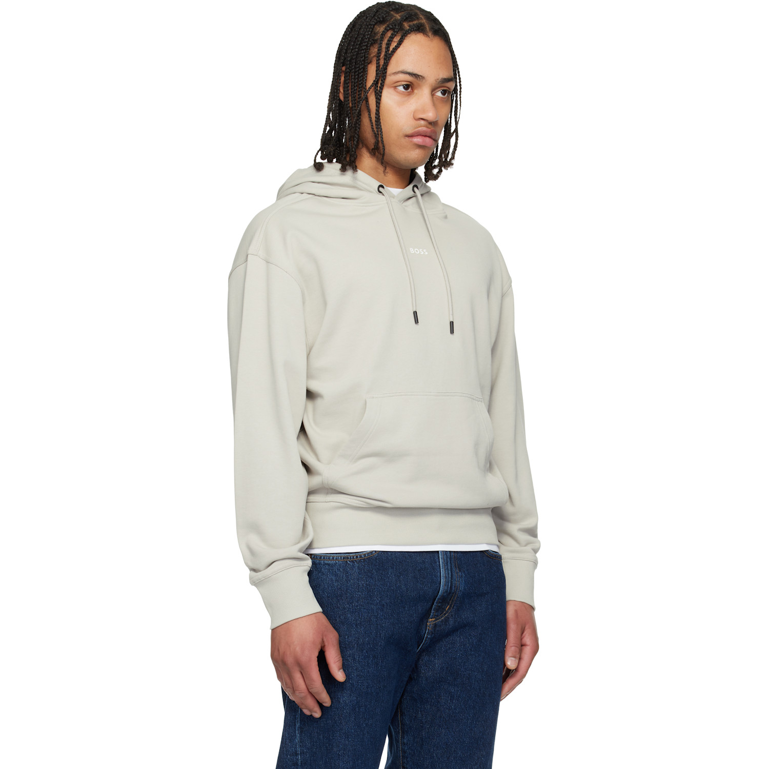  Boss Gray Fleece Cotton Terry Contrast Logo Hoodie 