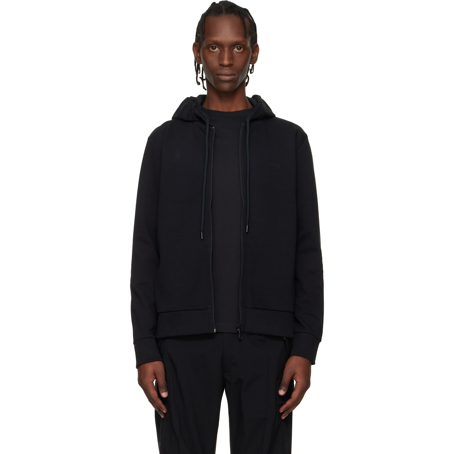 BOSS Black Stretch Cotton Logo Detail Zip-Up Hoodie