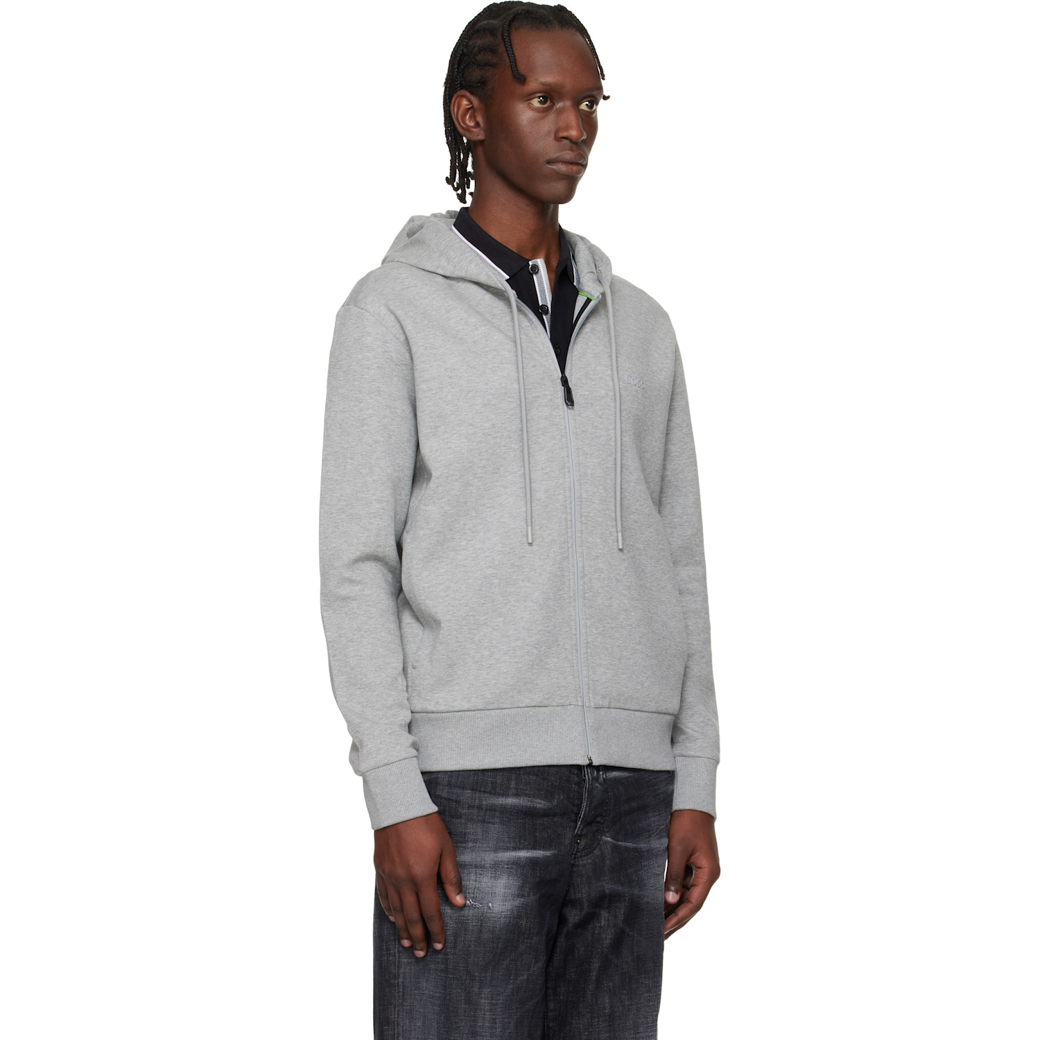  Boss Gray Stretch Cotton Logo Detail Zip-up Hoodie 