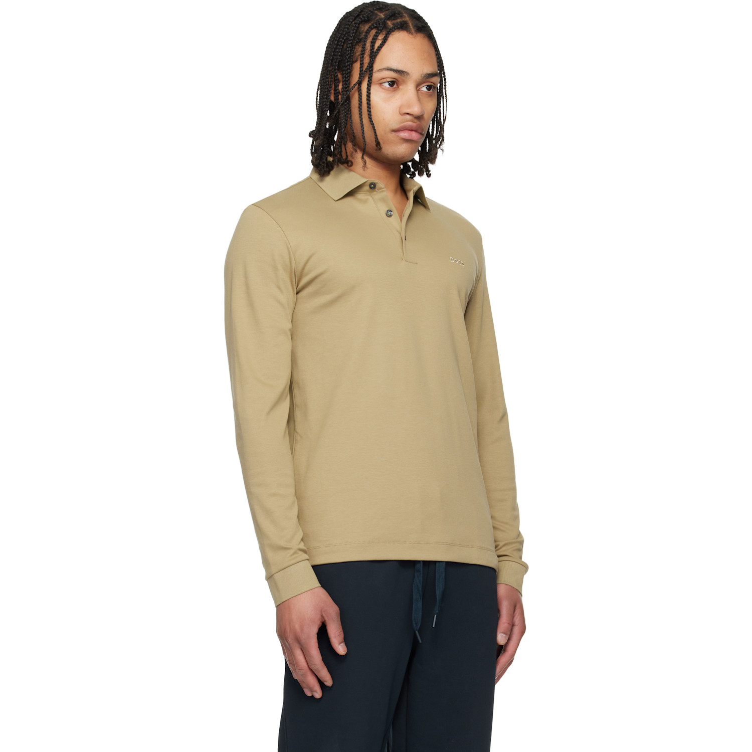  Boss Beige Long-sleeved Interlock Cotton Logo Polo 