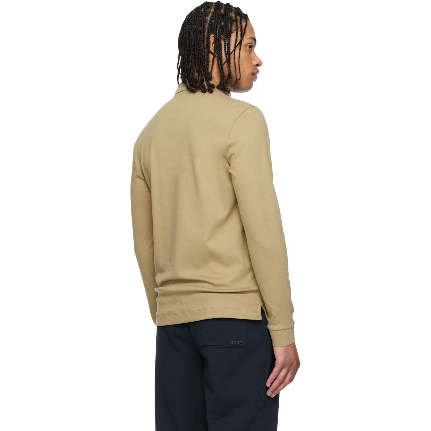  Boss Beige Long-sleeved Interlock Cotton Logo Polo 