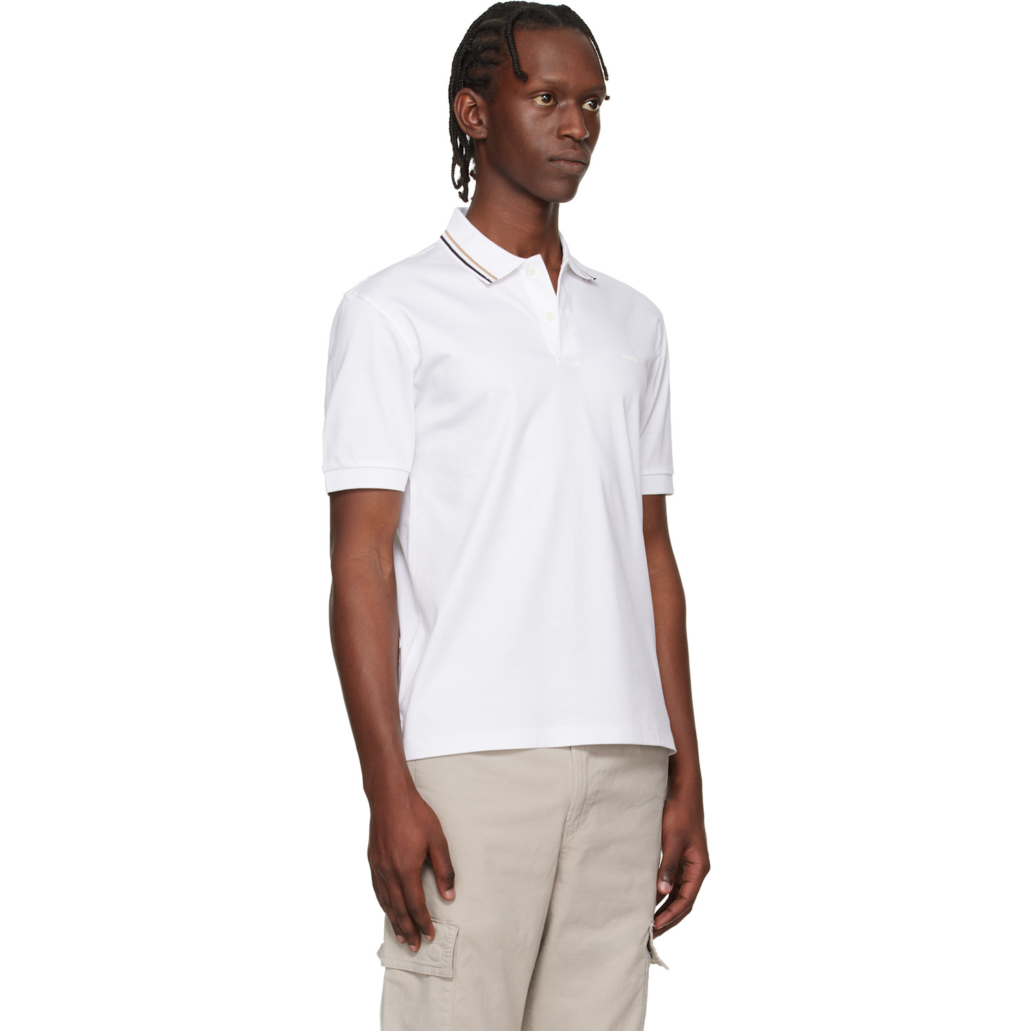  Boss White Cotton Logo Striped-collar Slim-fit Polo 