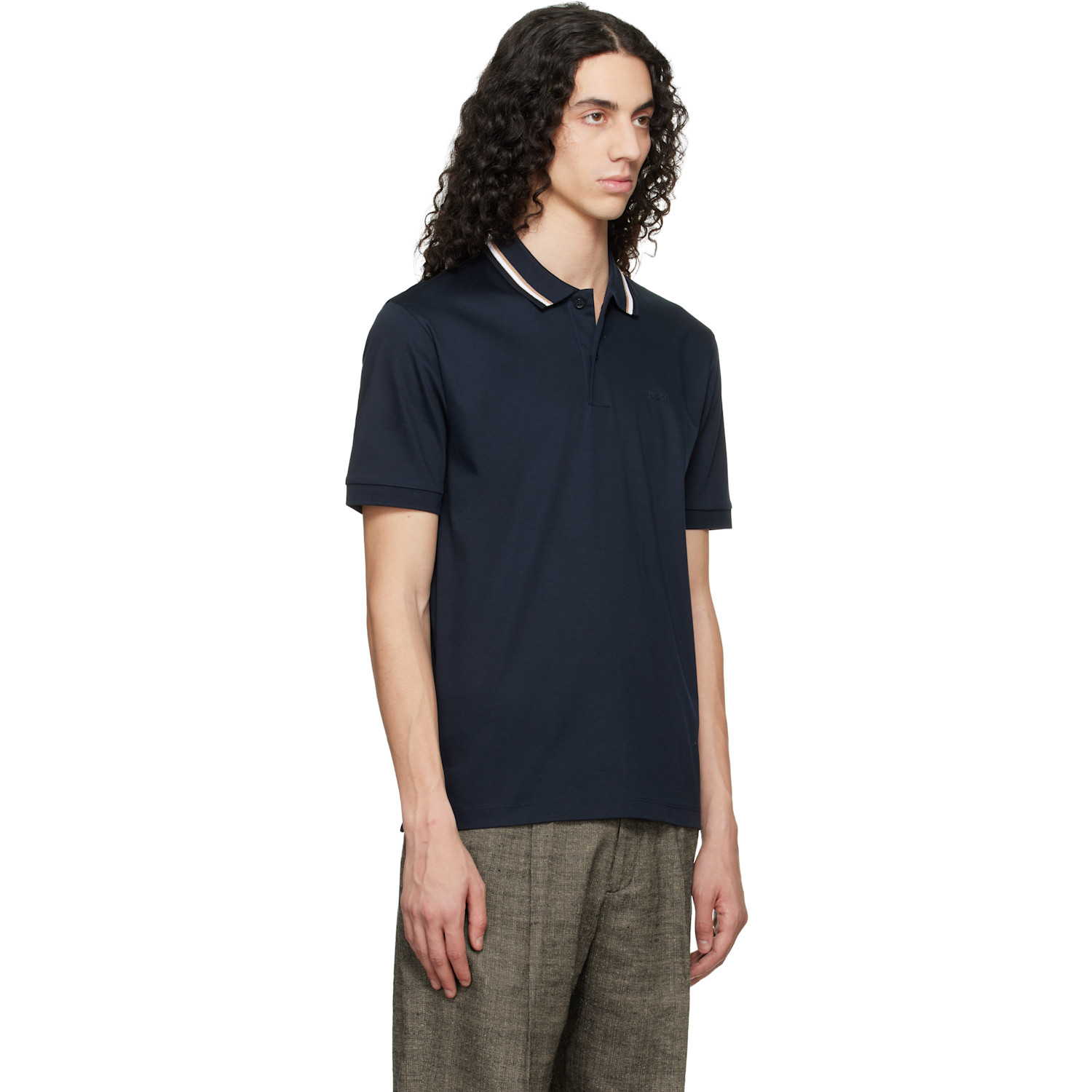  Boss Navy Striped-collar Slim-fit Cotton Logo Polo 