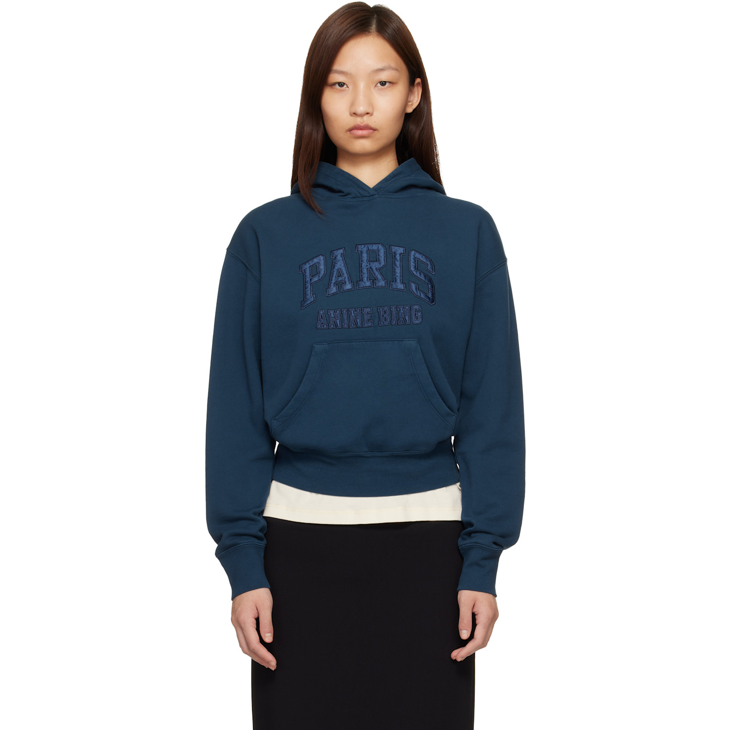 ANINE BING Navy Debbie Shrunken 'Paris' Hoodie