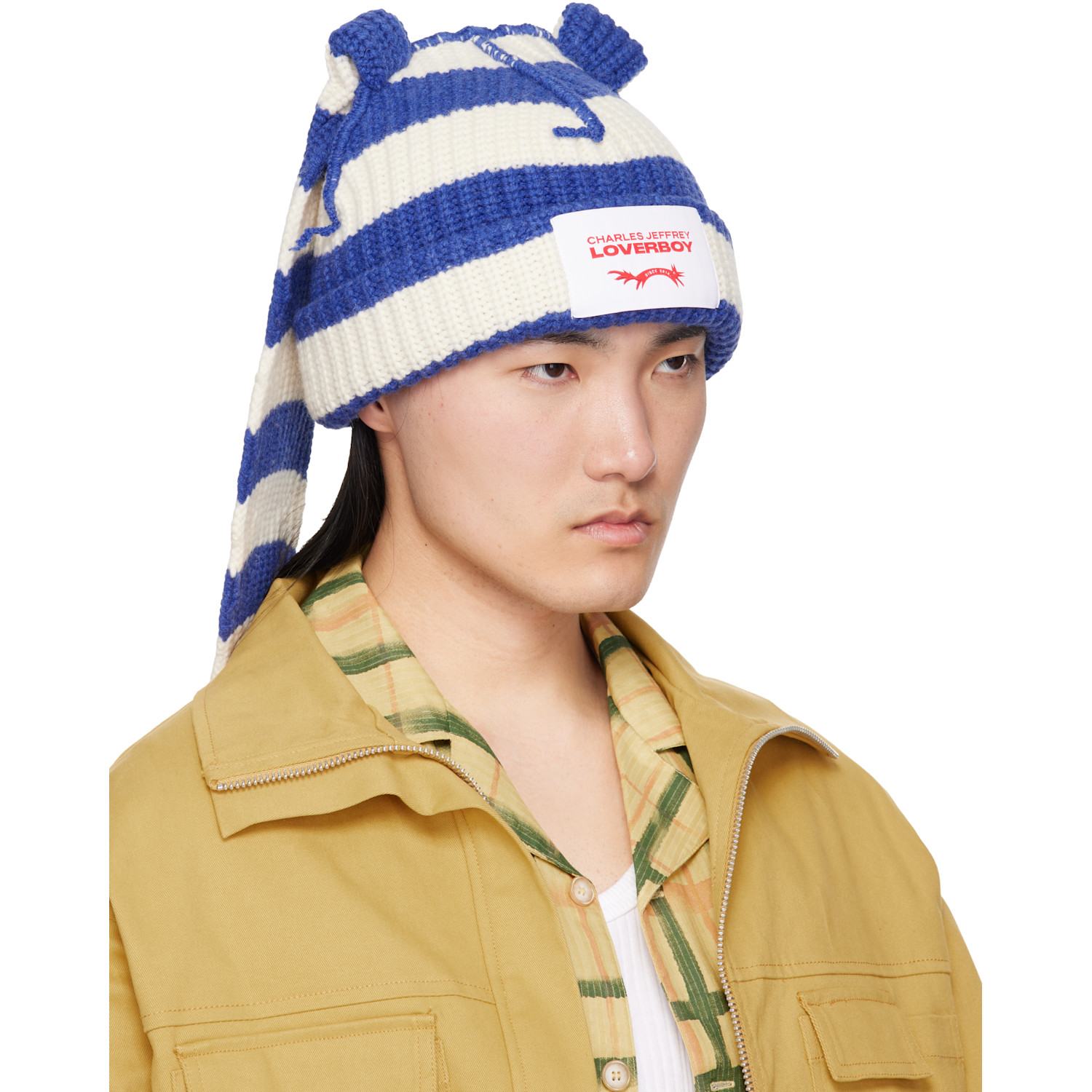  Charles Jeffrey Loverboy Blue & White Chunky Rabbit Beanie 