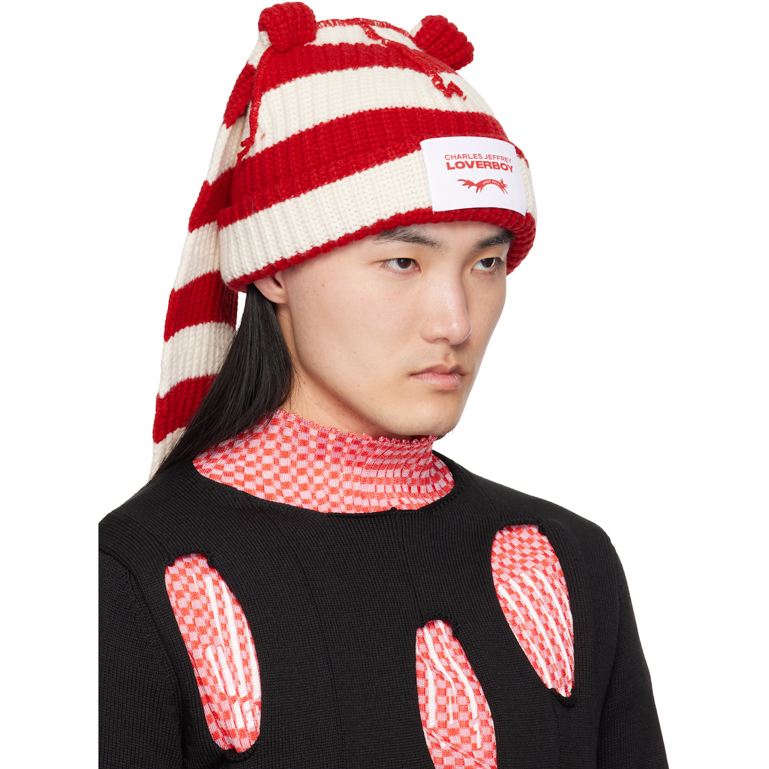  Charles Jeffrey Loverboy Red & White Chunky Rabbit Beanie 