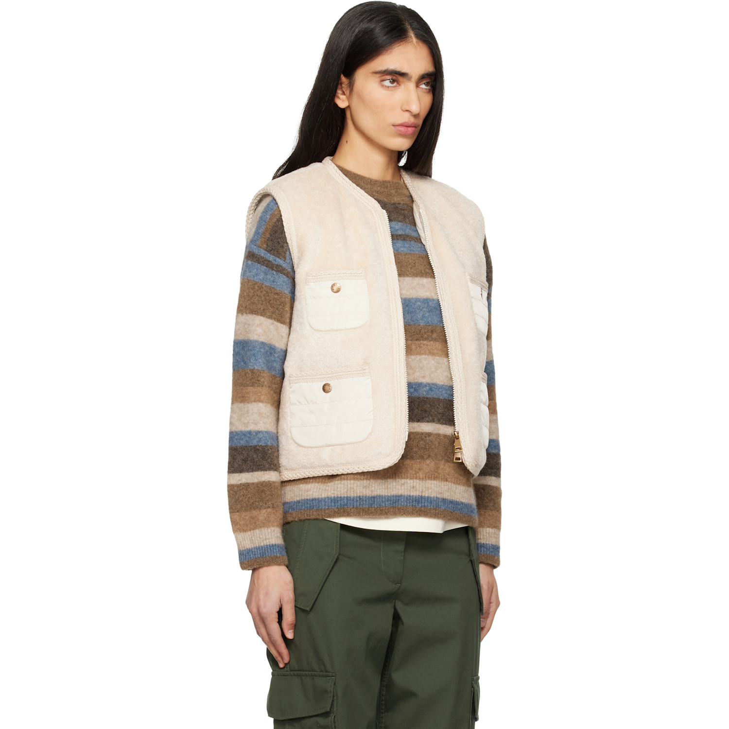  Moncler Beige Mimosas Braided Trim Teddy Down Vest 