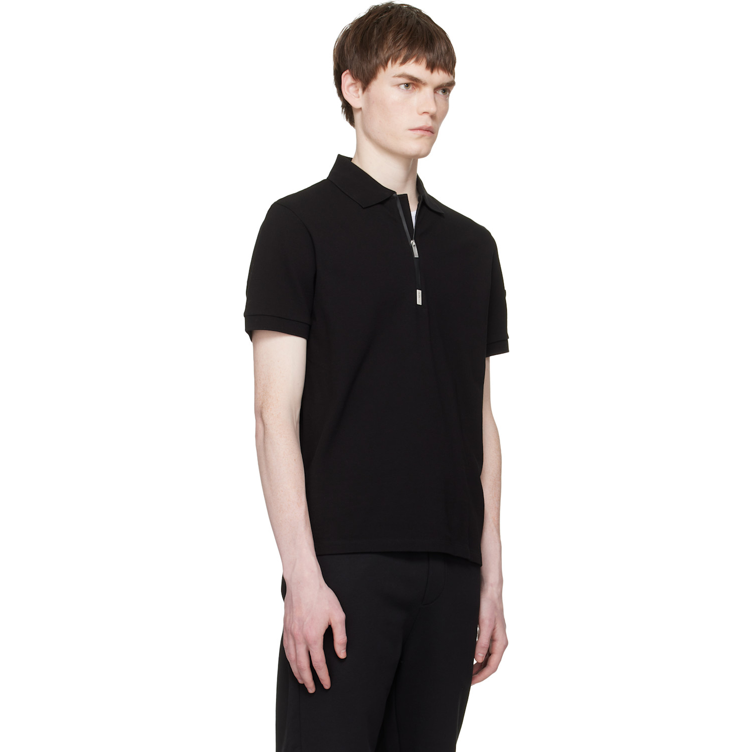  Moncler Black Logo Cotton Piquet Half Zip Polo 