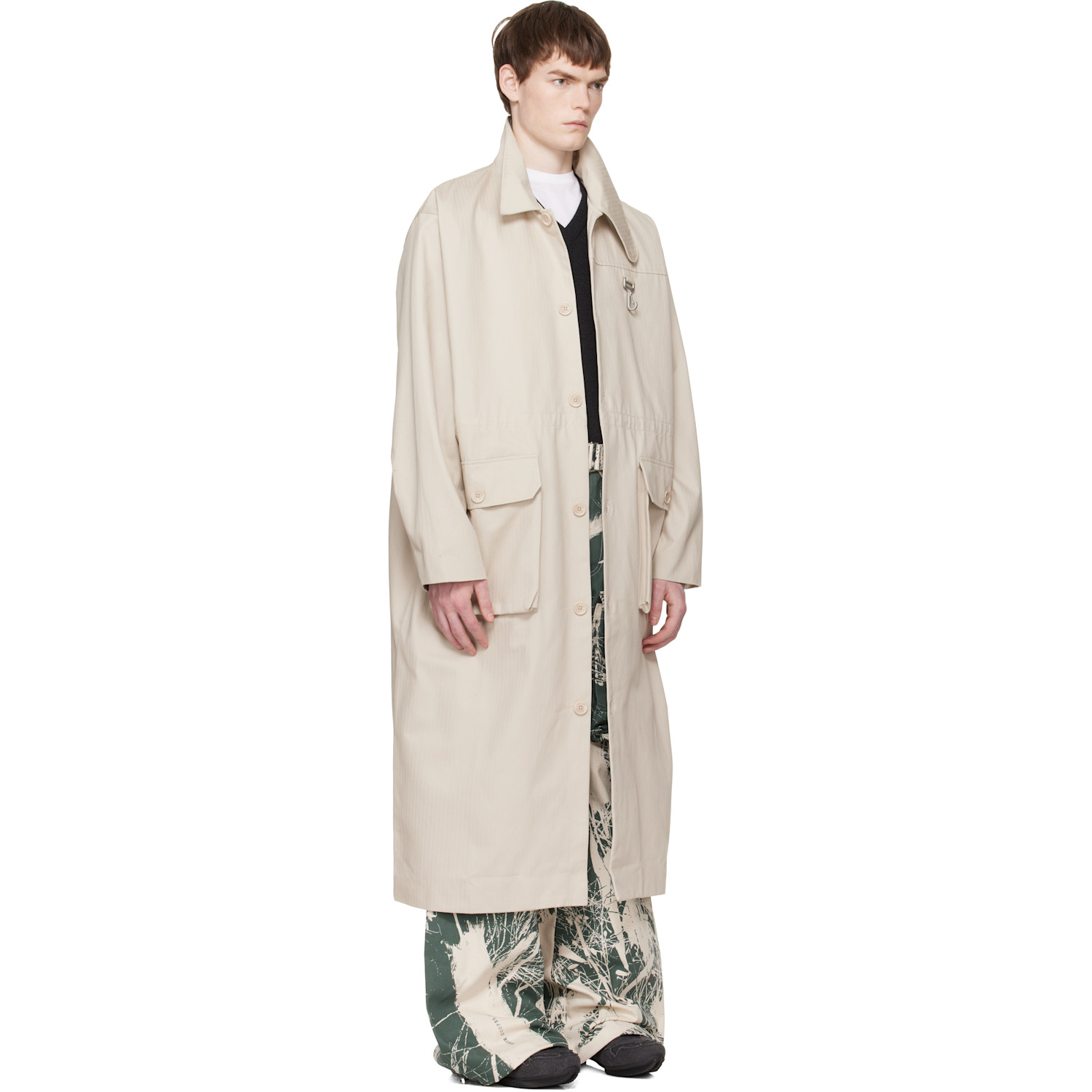  Reese Cooper Beige Cotton Herringbone Overcoat 