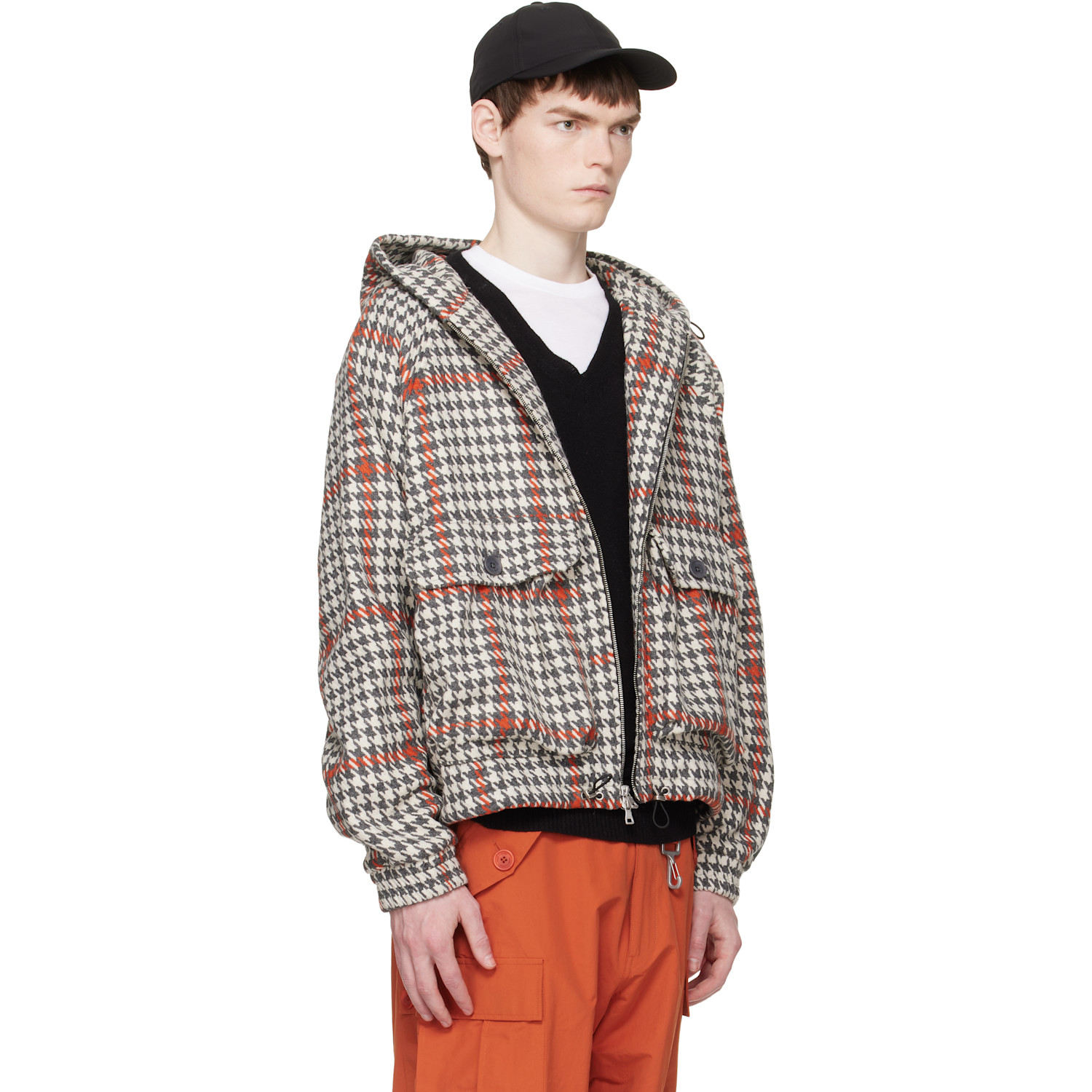  Reese Cooper Gray & Orange Wool Houndstooth Hooded Cargo Jacket 
