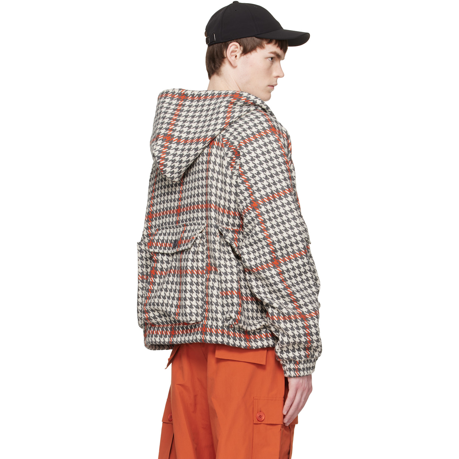  Reese Cooper Gray & Orange Wool Houndstooth Hooded Cargo Jacket 