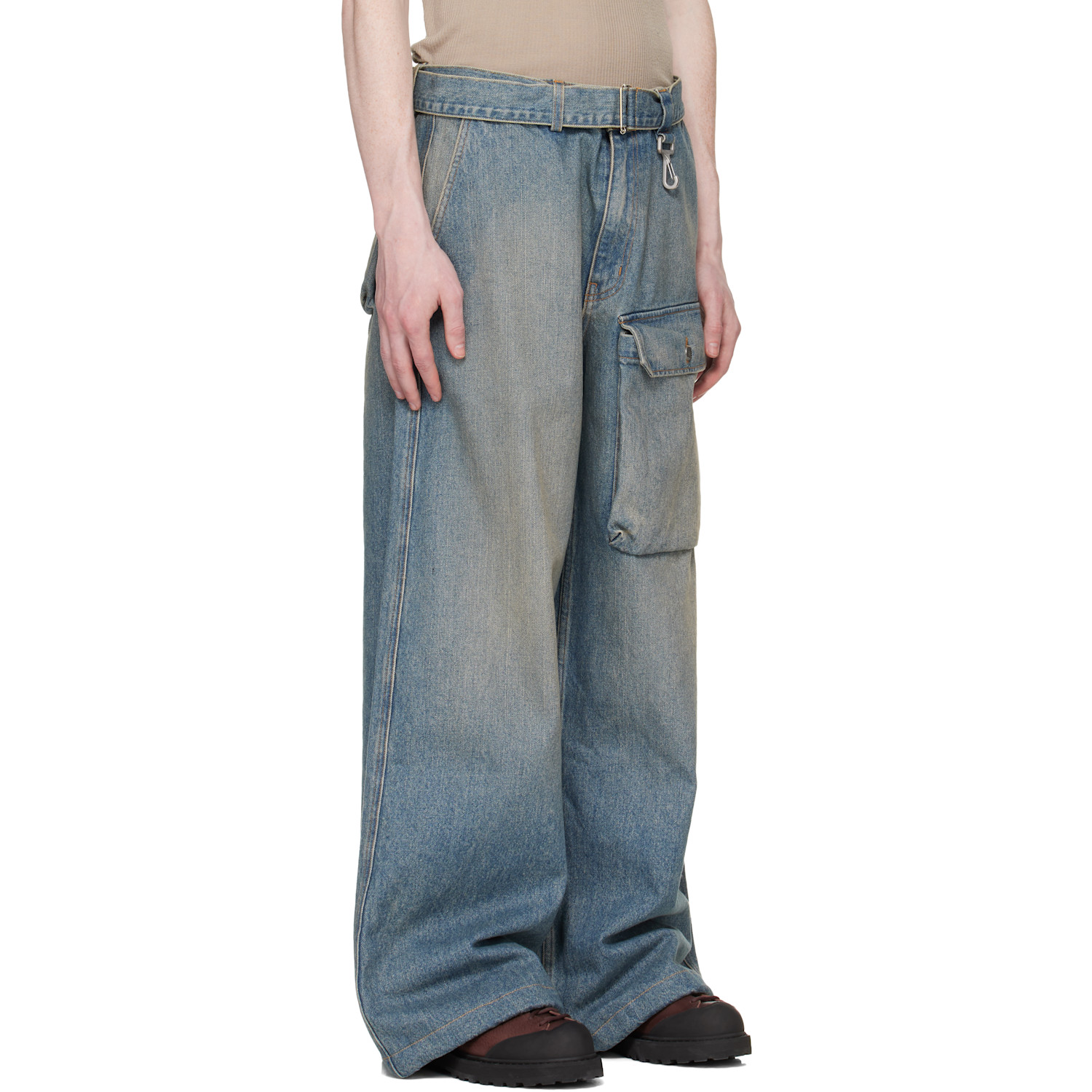  Reese Cooper Blue Washed Denim Patch Pocket Belted Cargo Jeans 