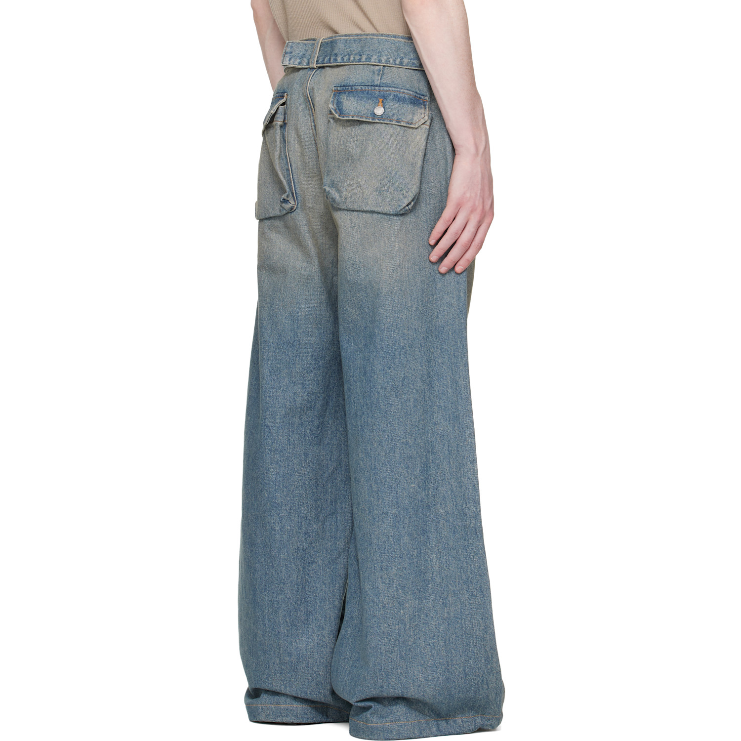 Reese Cooper Blue Washed Denim Patch Pocket Belted Cargo Jeans 