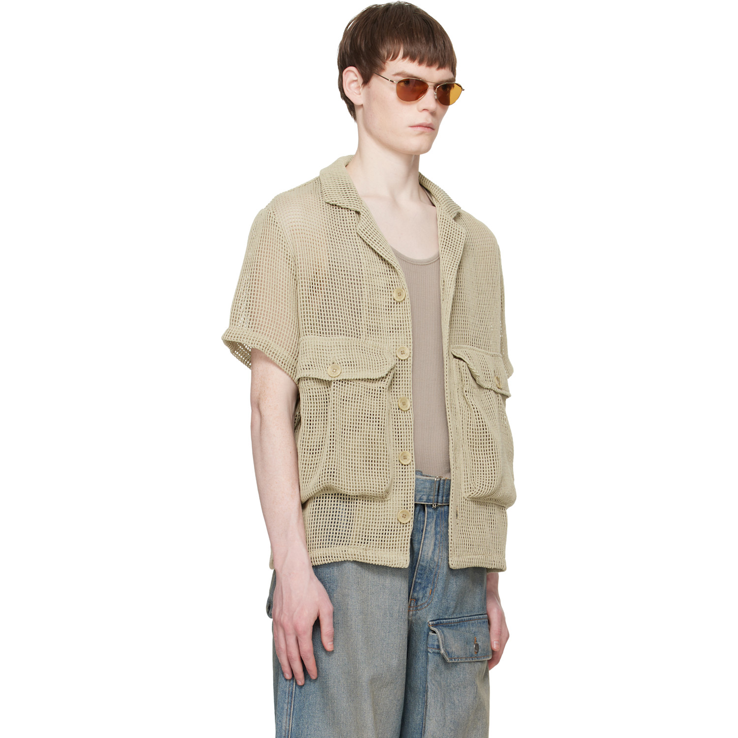  Reese Cooper Khaki Crochet Knit Short Sleeve Cargo Shirt 