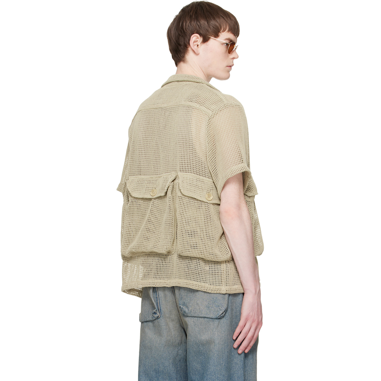  Reese Cooper Khaki Crochet Knit Short Sleeve Cargo Shirt 