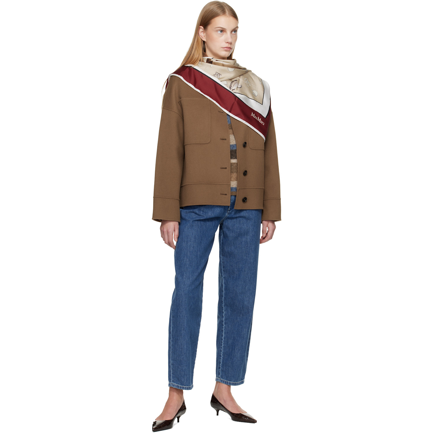  Max Mara Beige & Red Silk Scarf 