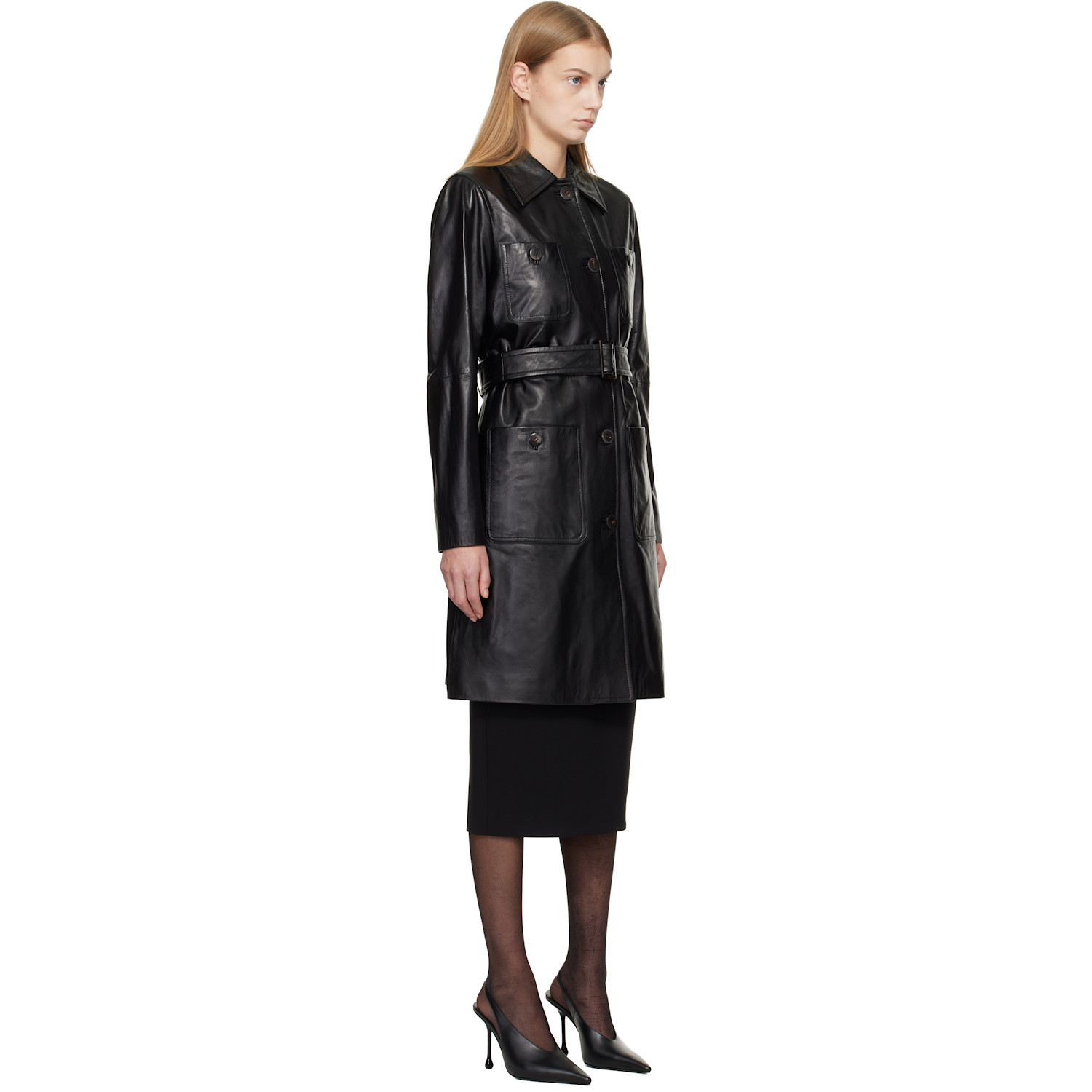  Max Mara Black Mstamaca Leather Trench Coat 