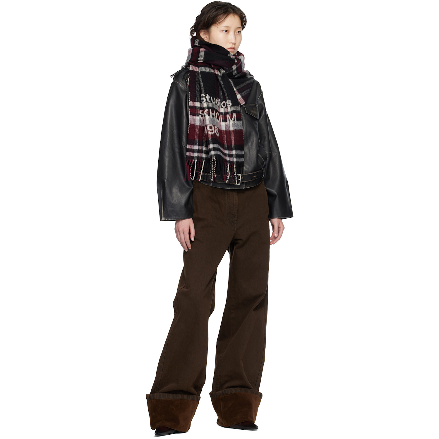  Acne Studios Black & Burgundy Logo Fringe Scarf 
