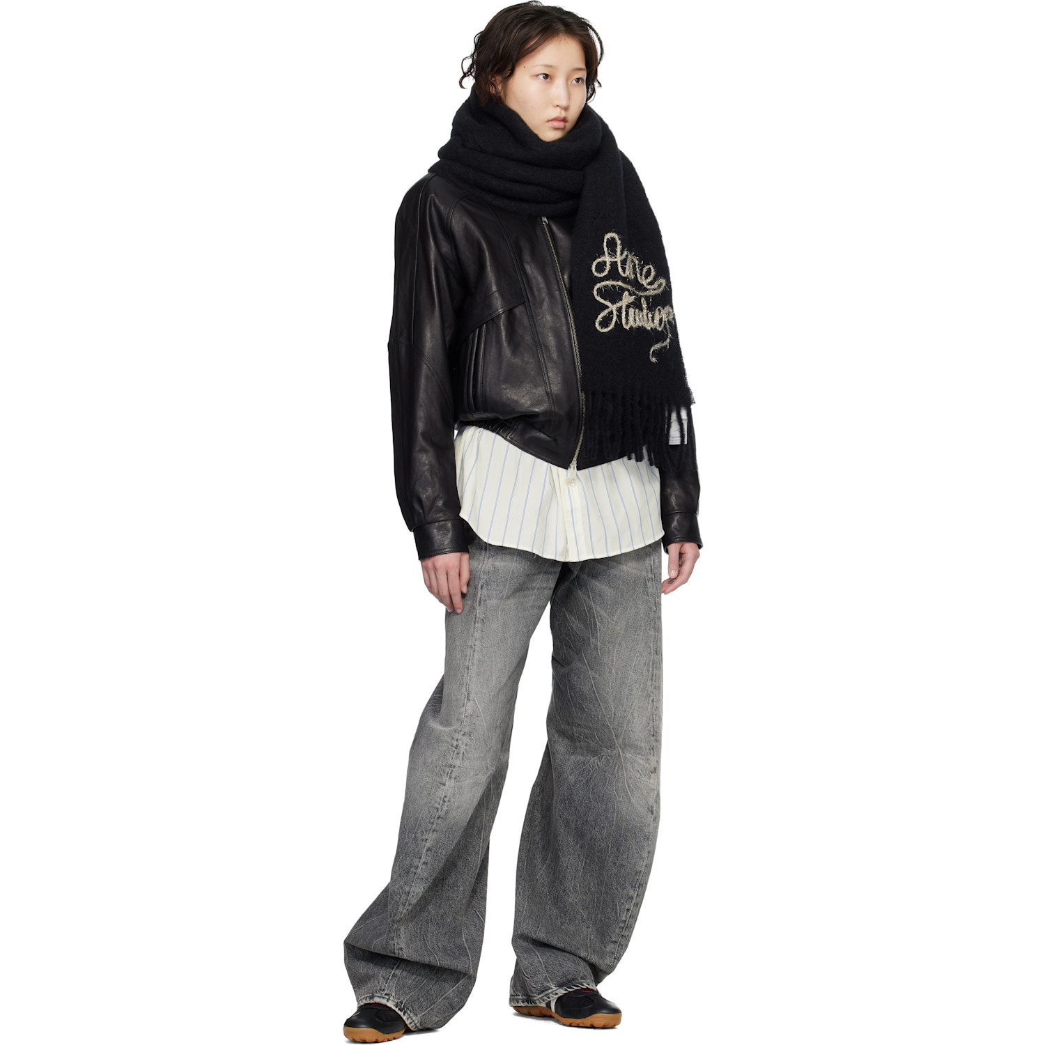  Acne Studios Black Wool Logo Scarf 
