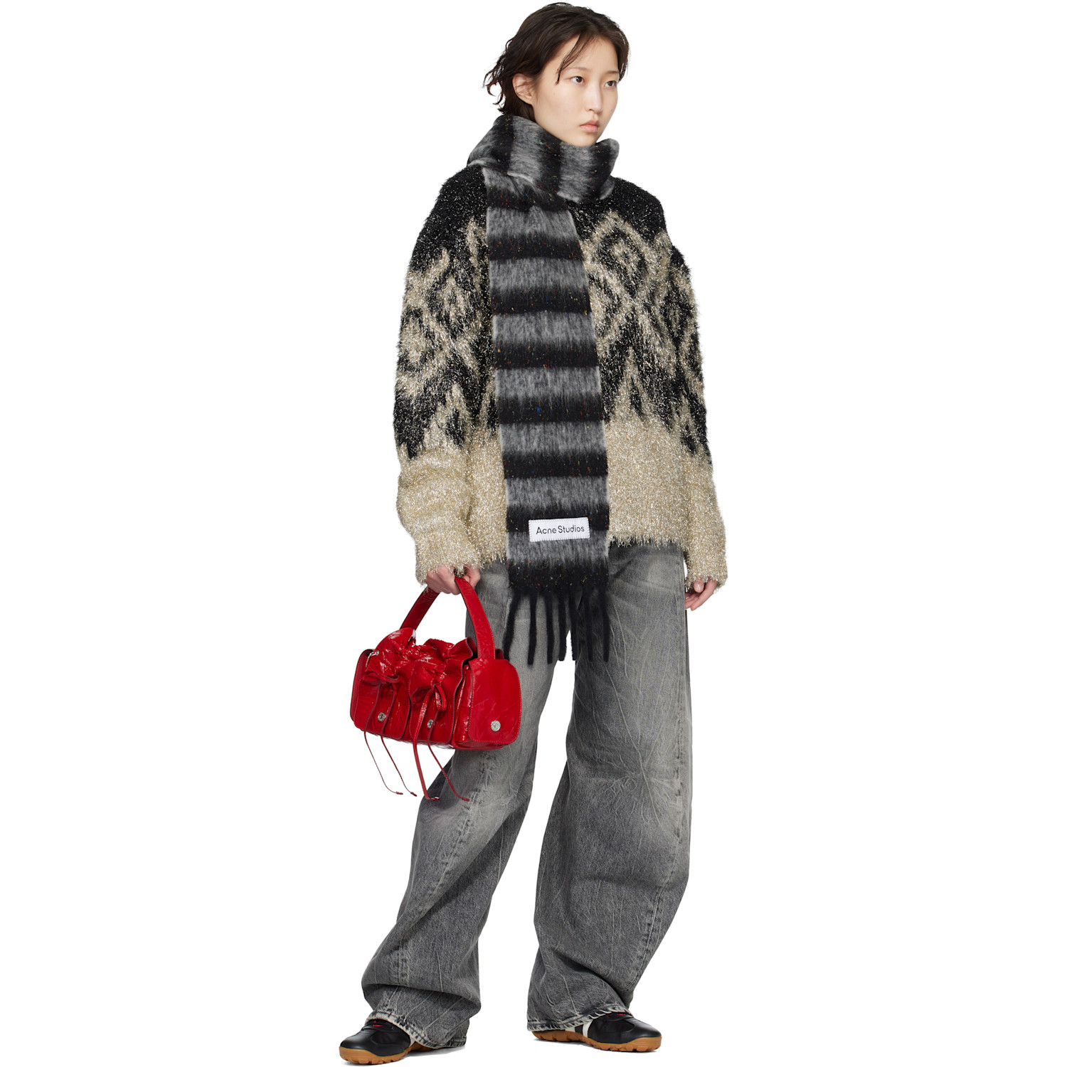  Acne Studios Black & Gray Fringed Wool Skinny Scarf 