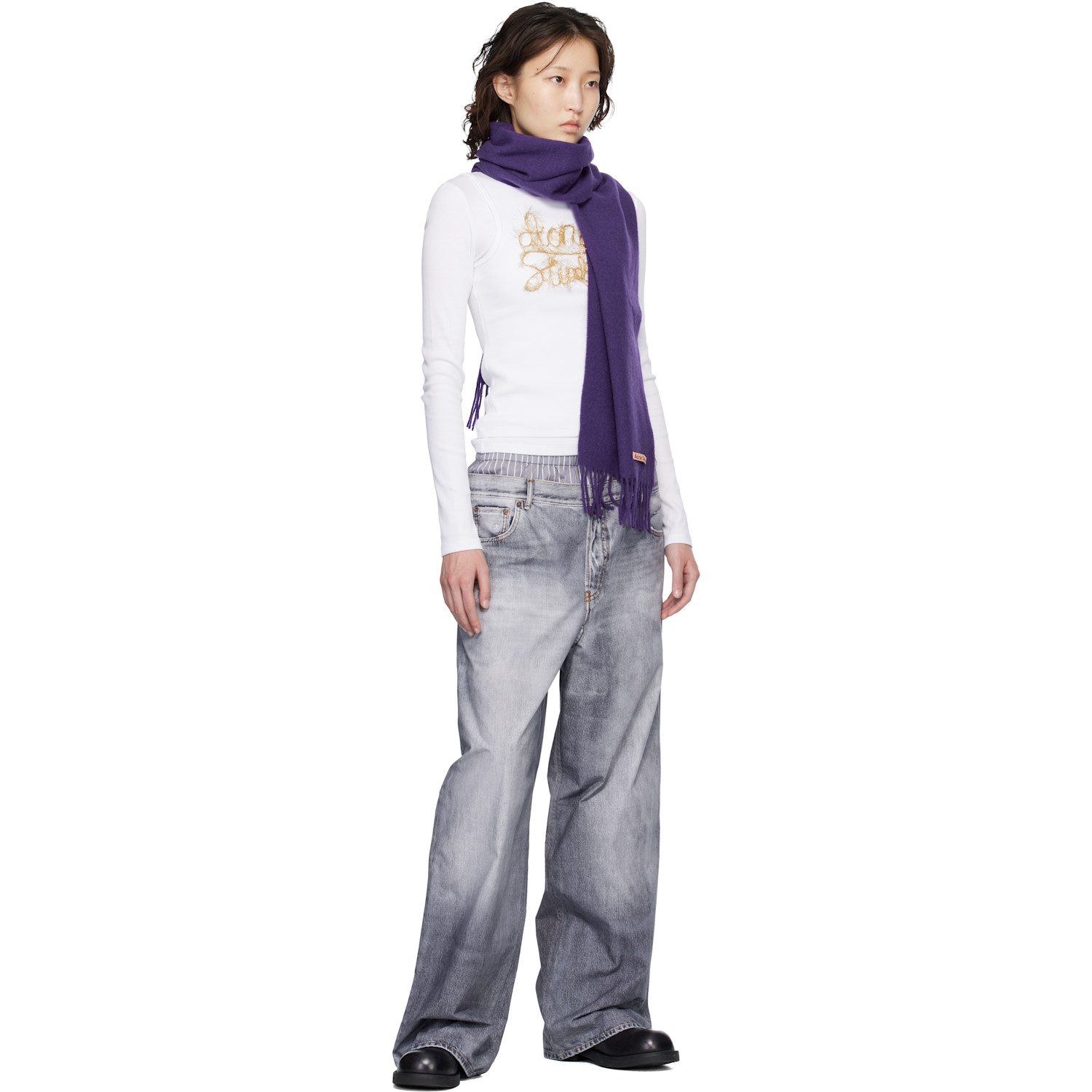  Acne Studios Purple Fringe Wool Skinny Scarf 