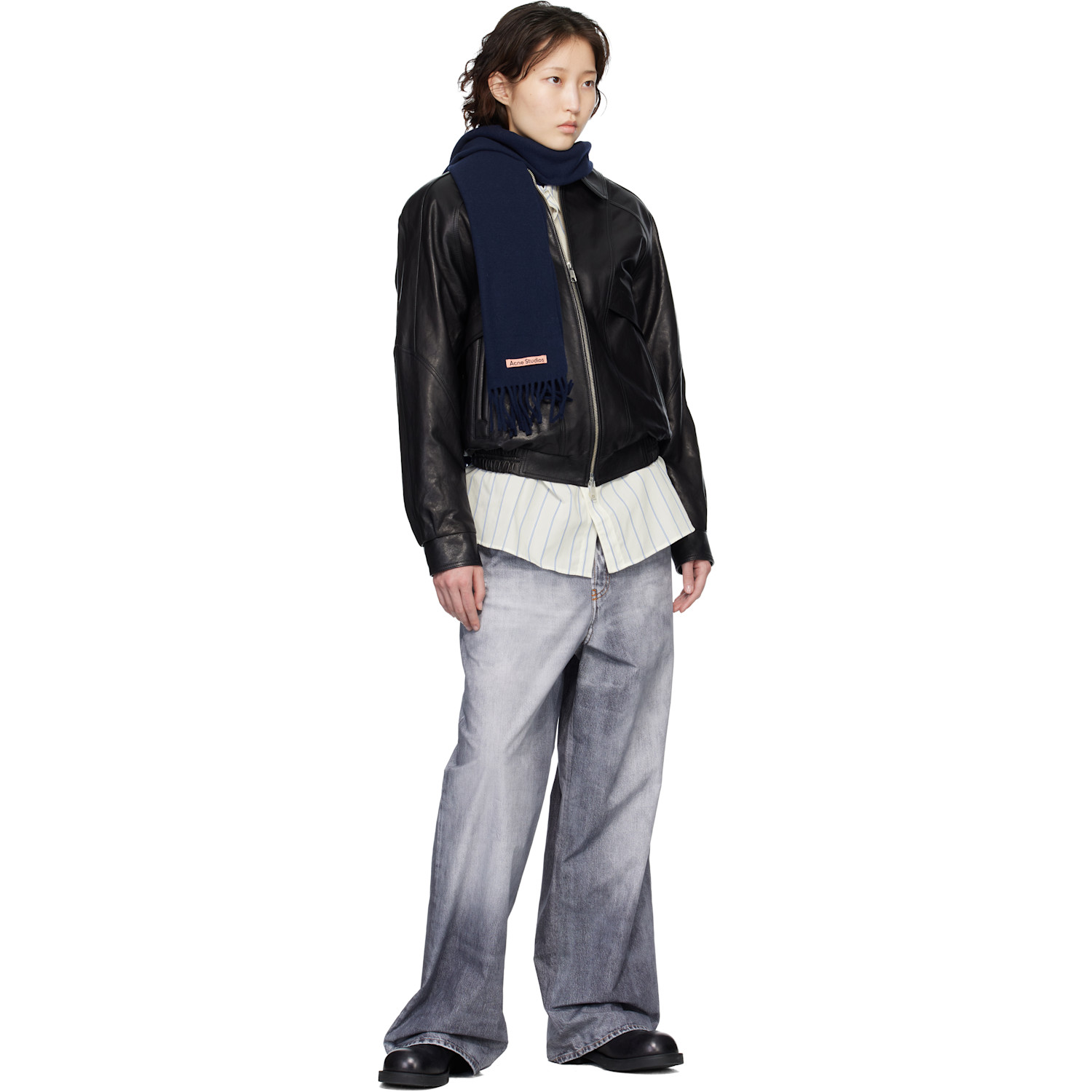  Acne Studios Navy Fringe Wool Narrow Scarf 