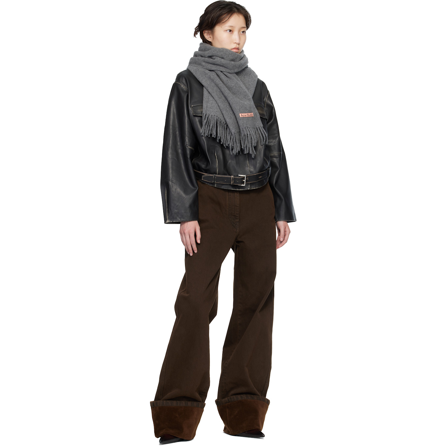  Acne Studios Gray Fringe Wool Narrow Scarf 