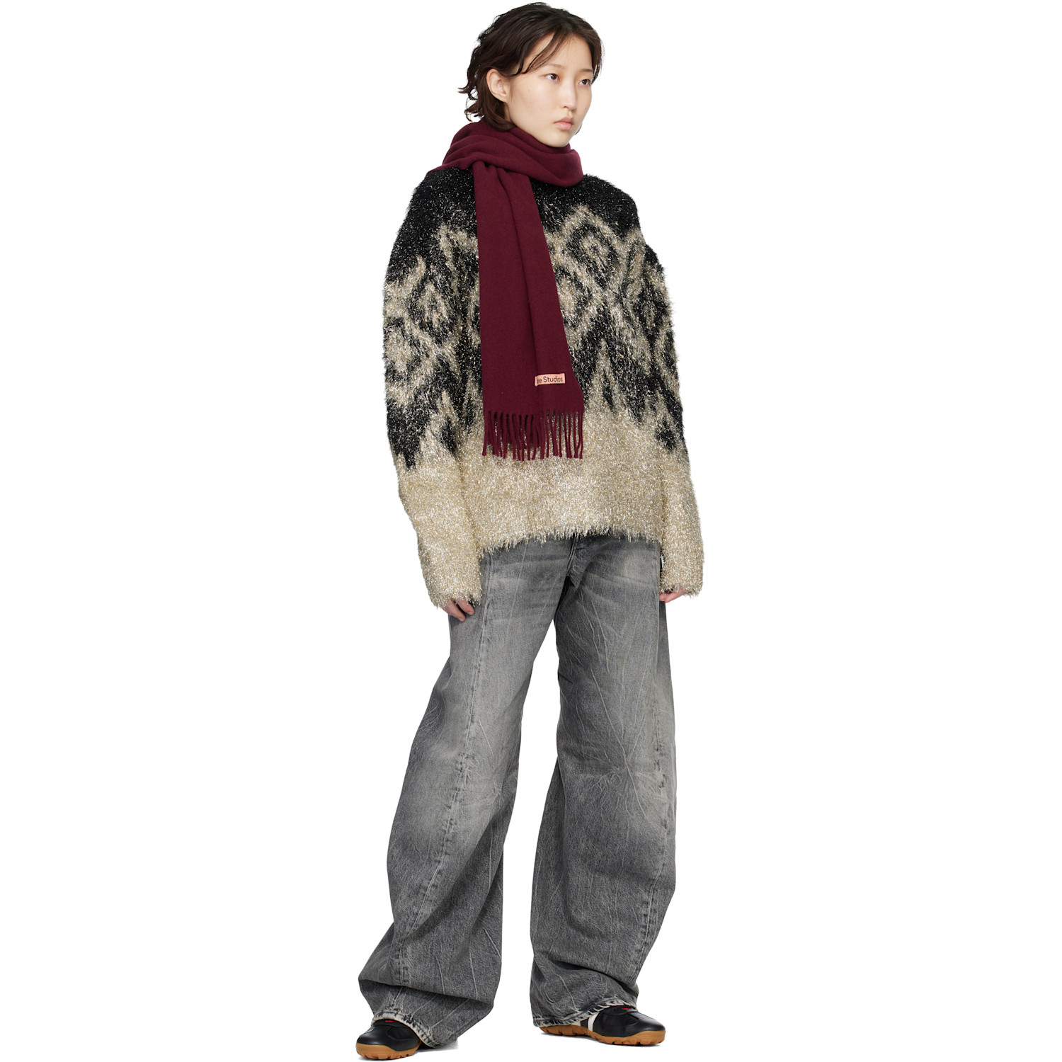  Acne Studios Burgundy Fringe Wool Narrow Scarf 