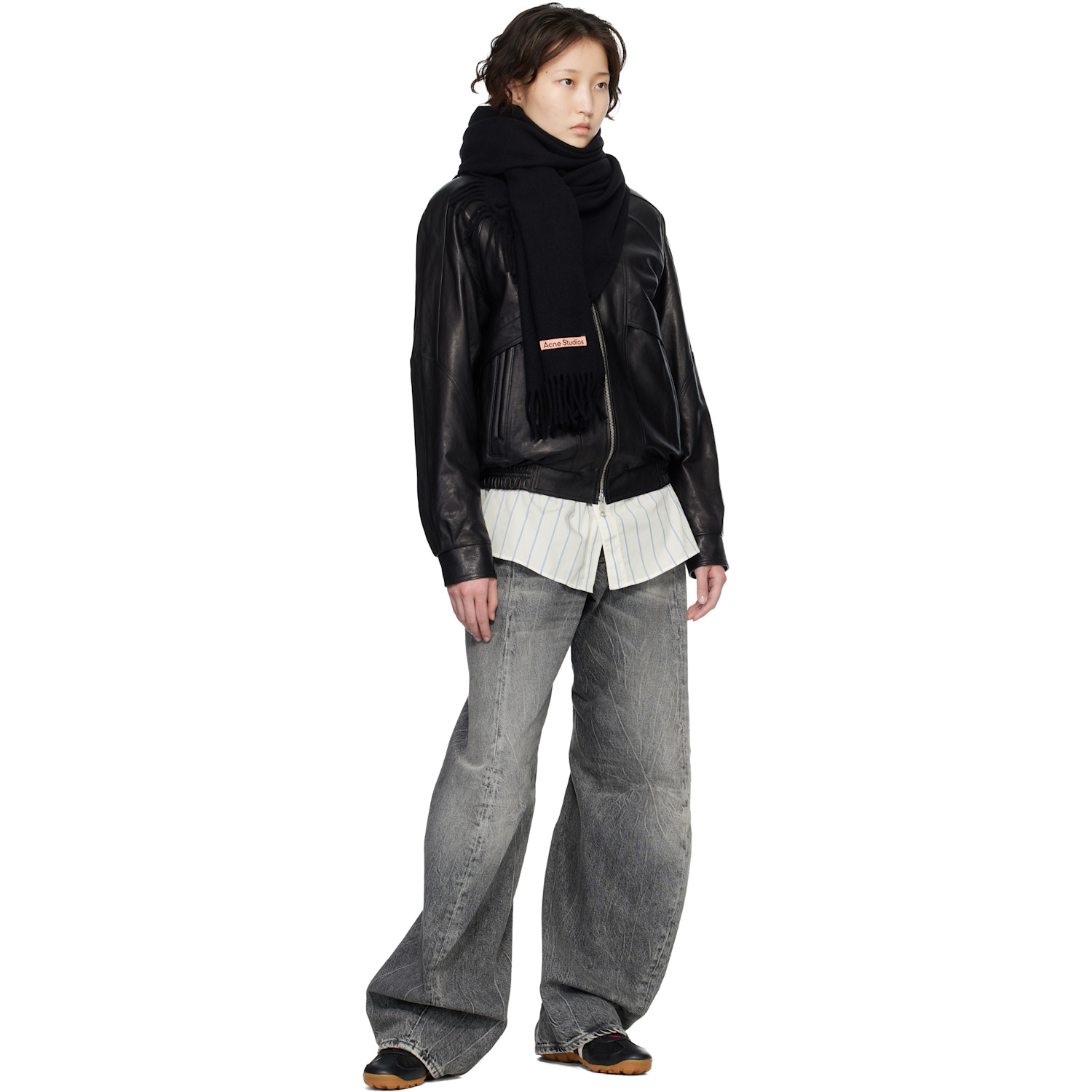  Acne Studios Black Fringe Wool Narrow Scarf 