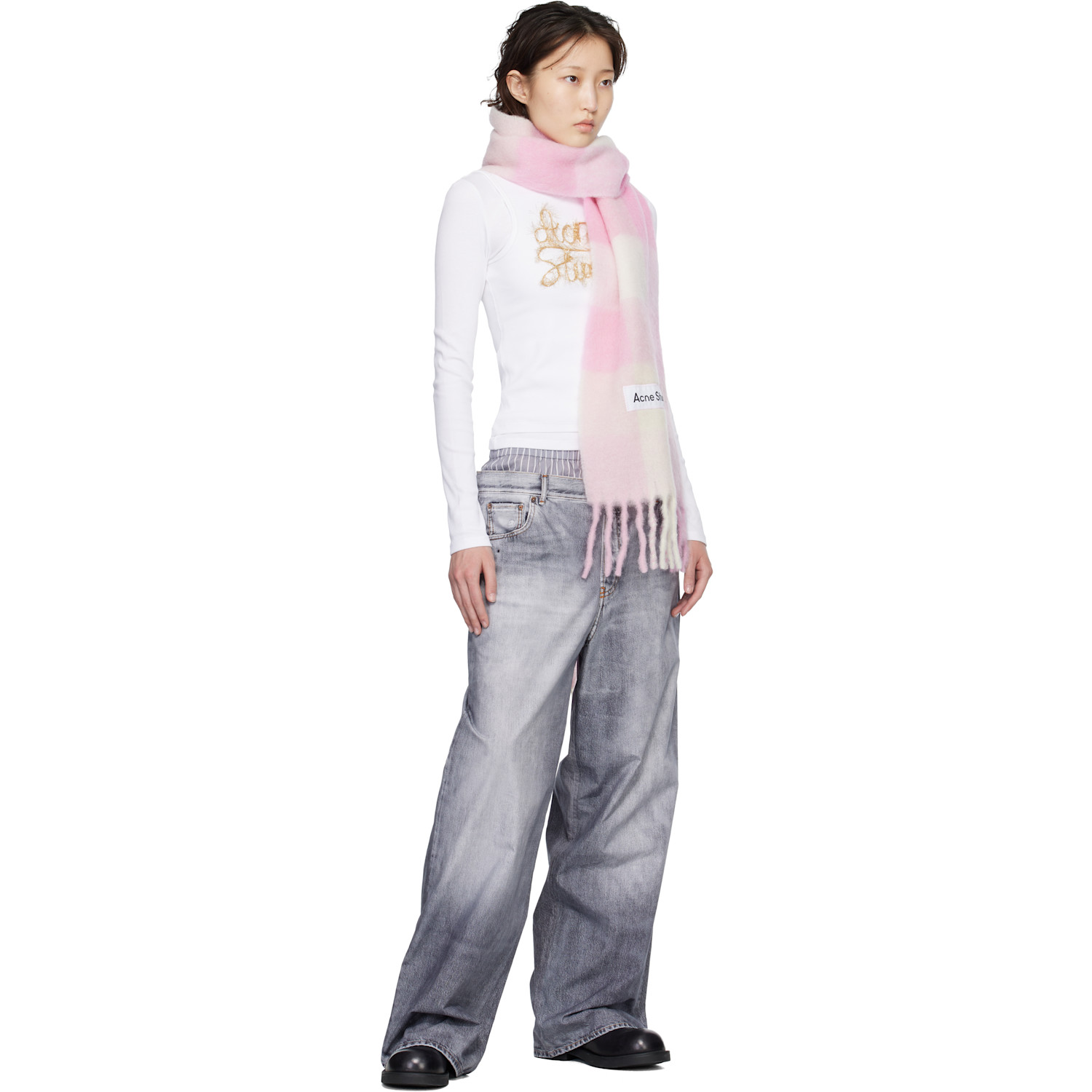  Acne Studios Pink Mohair Checked Scarf 