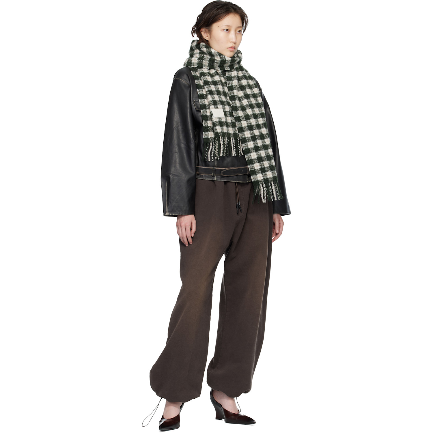  Acne Studios White & Green Checked Logo Scarf 