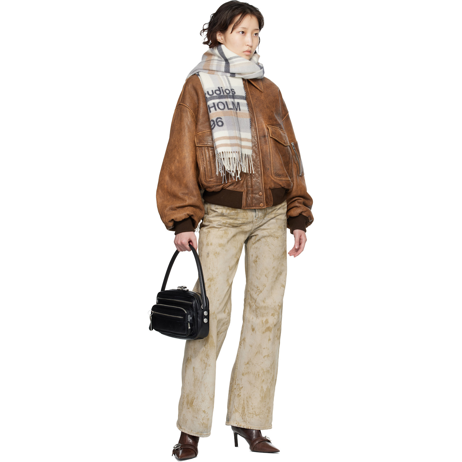  Acne Studios Gray & Beige Check Logo Wide Scarf 