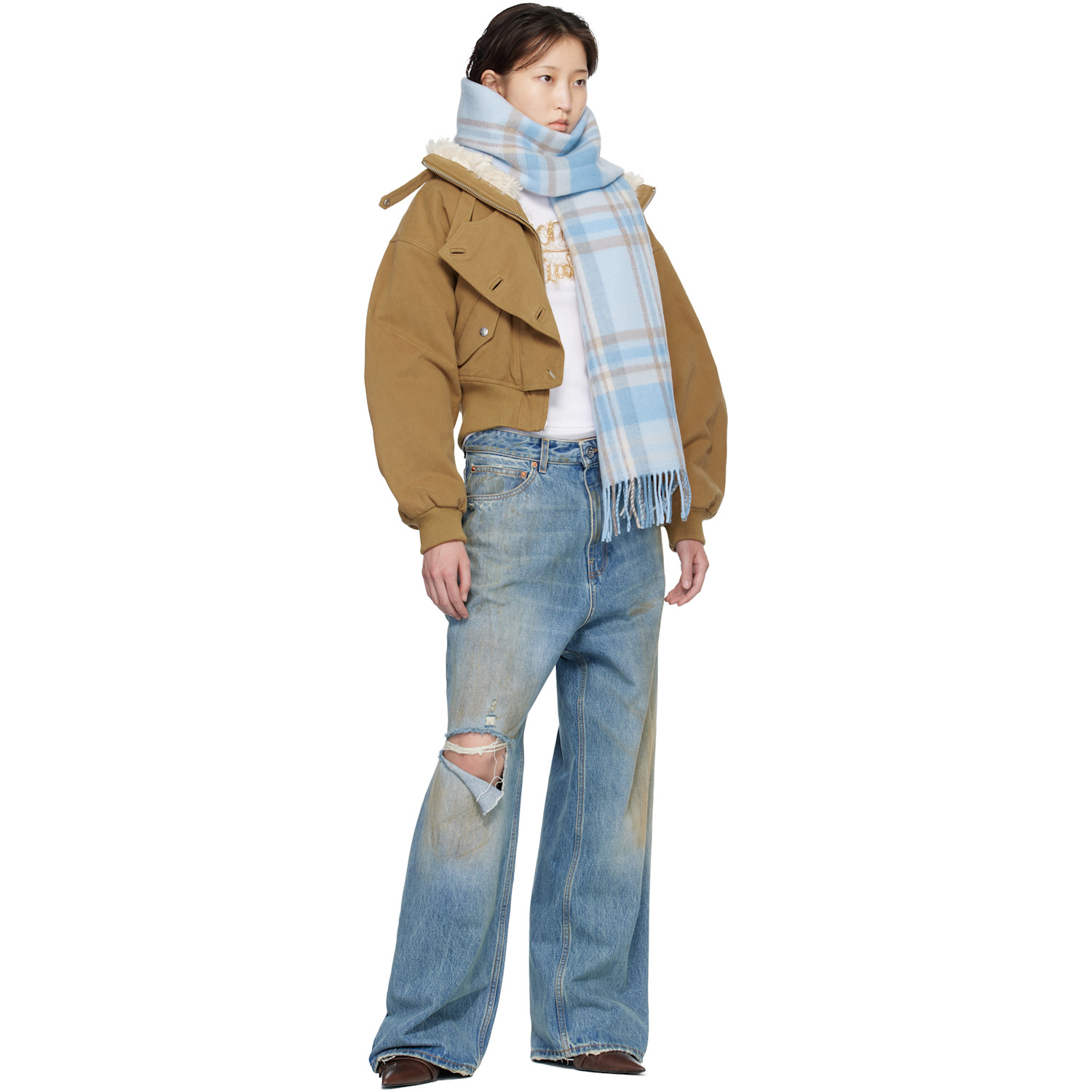  Acne Studios Blue Logo Fringe Scarf 